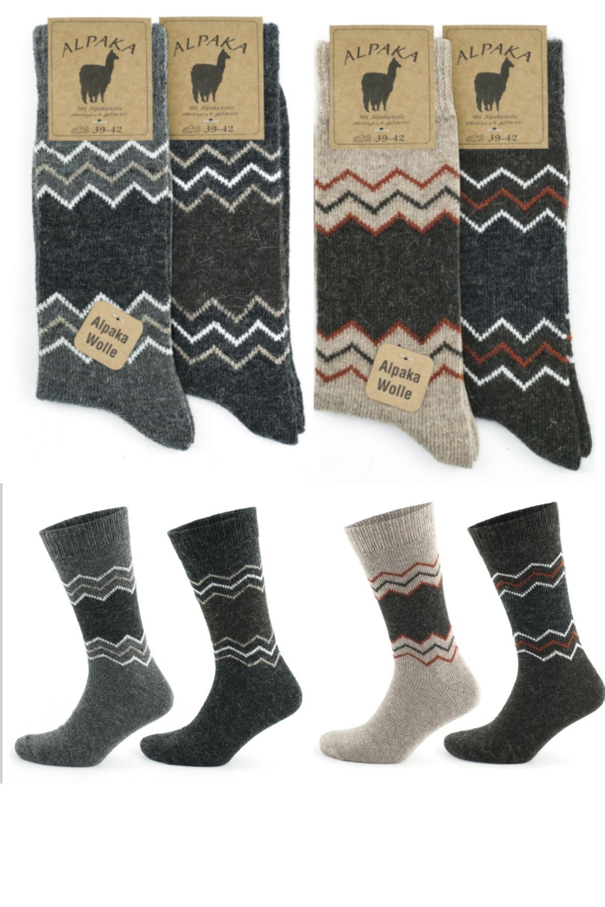 socksbox Kışlık Alpaka Doğal Yün Termal Zigzag Desenli Çorap