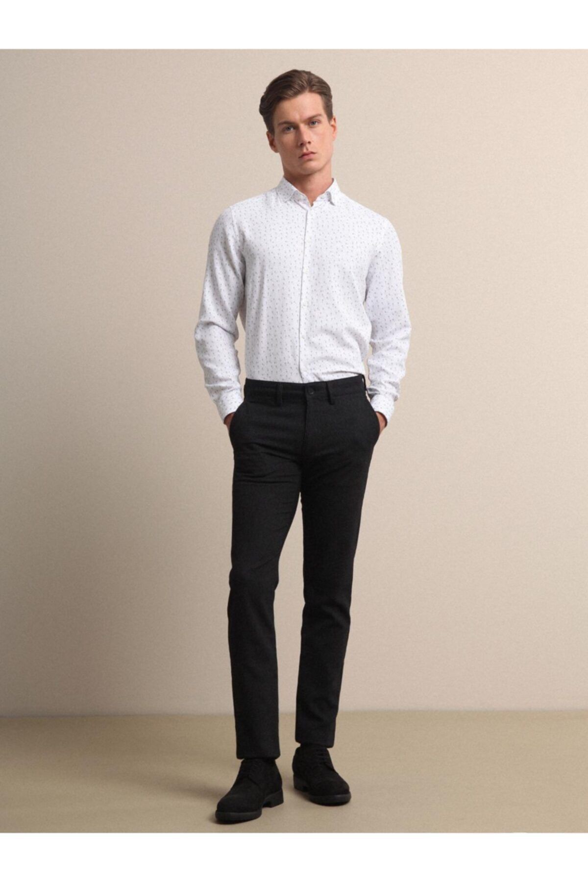 Kip Siyah Çizgili Dokuma Slim Fit Smart Casual Pamuk Karışımlı Pantolon