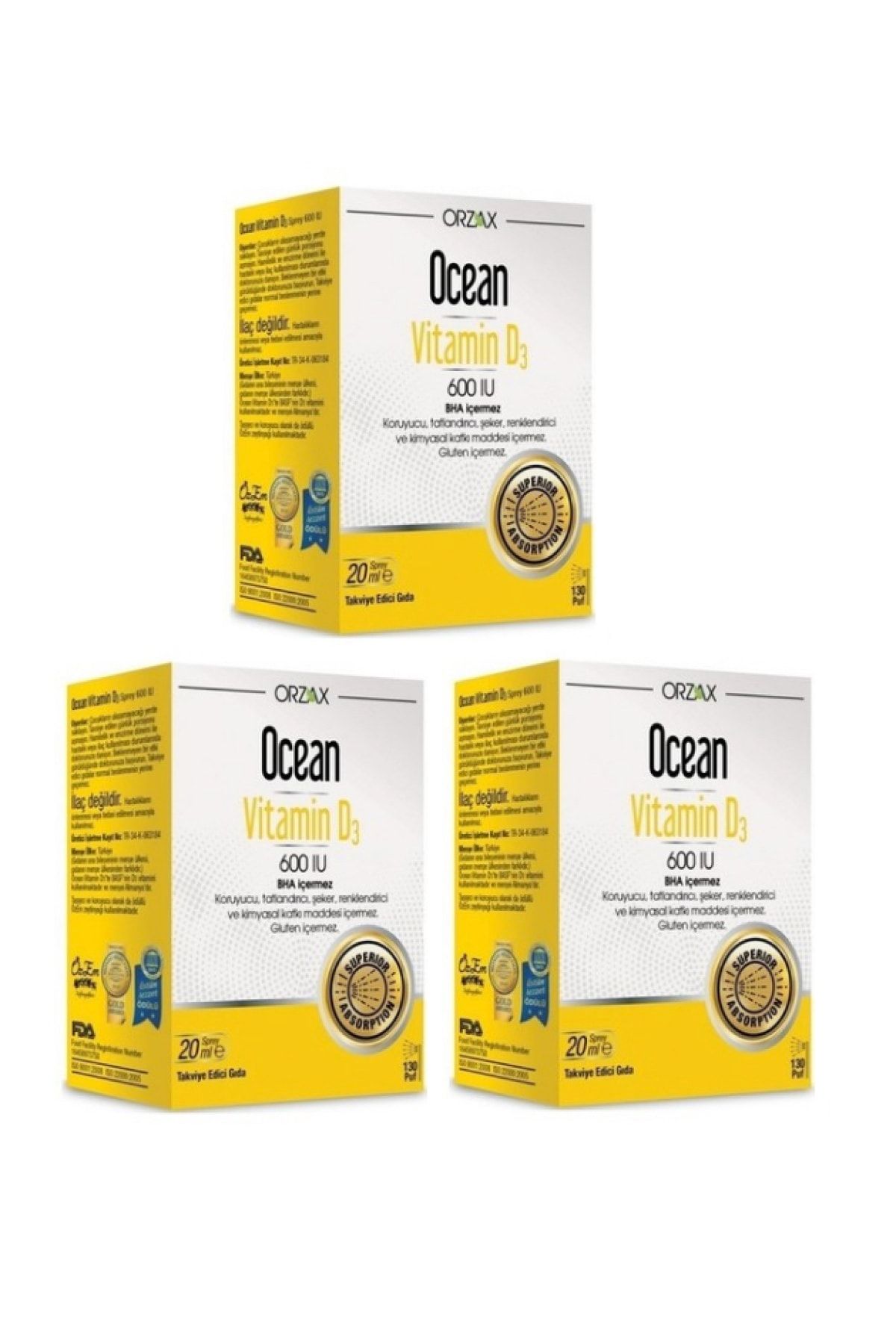 Ocean D Vitamini Desteği - Vitamin D3 600 Iu Sprey 20 Ml X3 Adet
