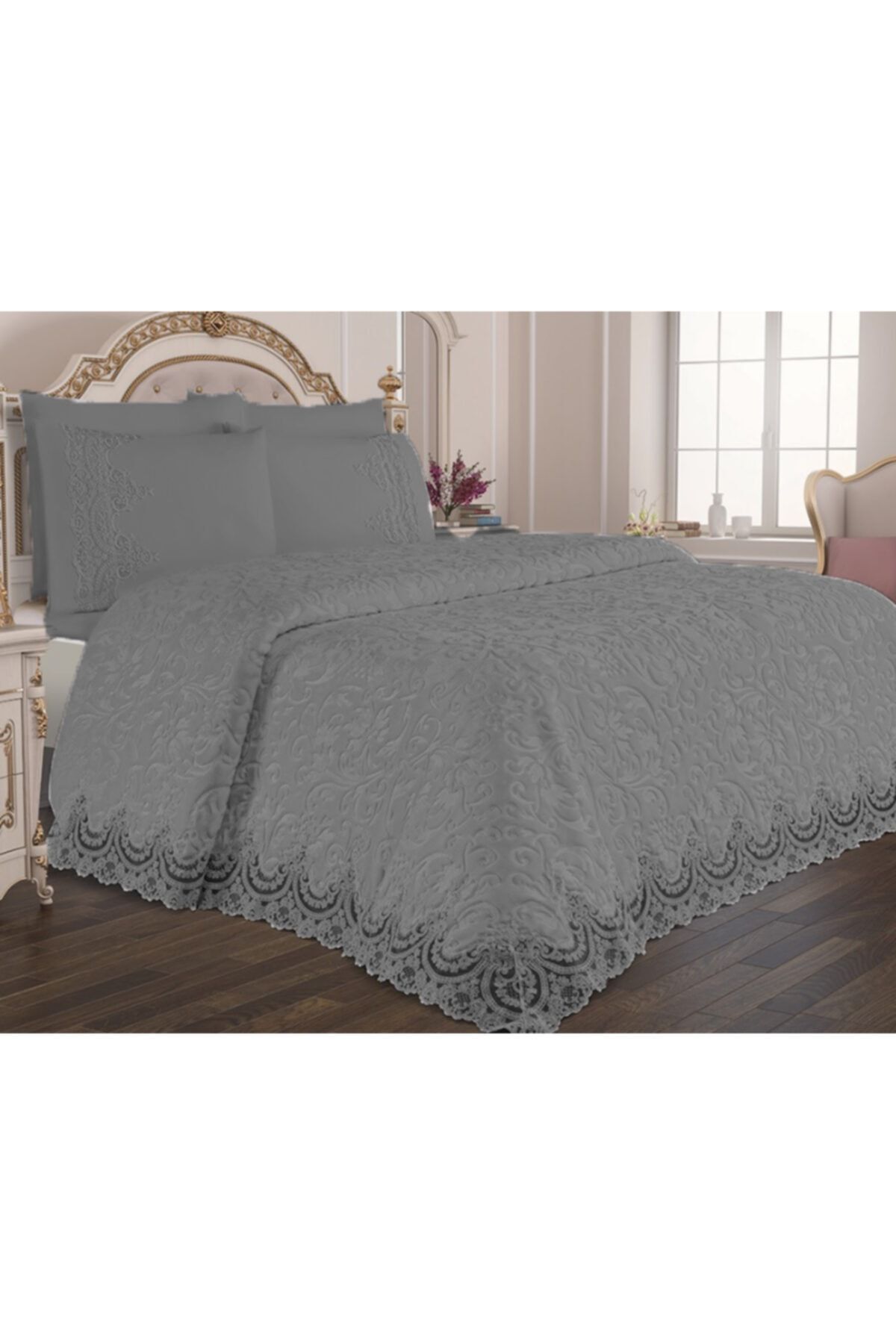 Çeyizci Gri Fransız Güpürlü Battaniye Yatak Örtüsü Seti (gri Battaniyeye Beyaz Güpür )