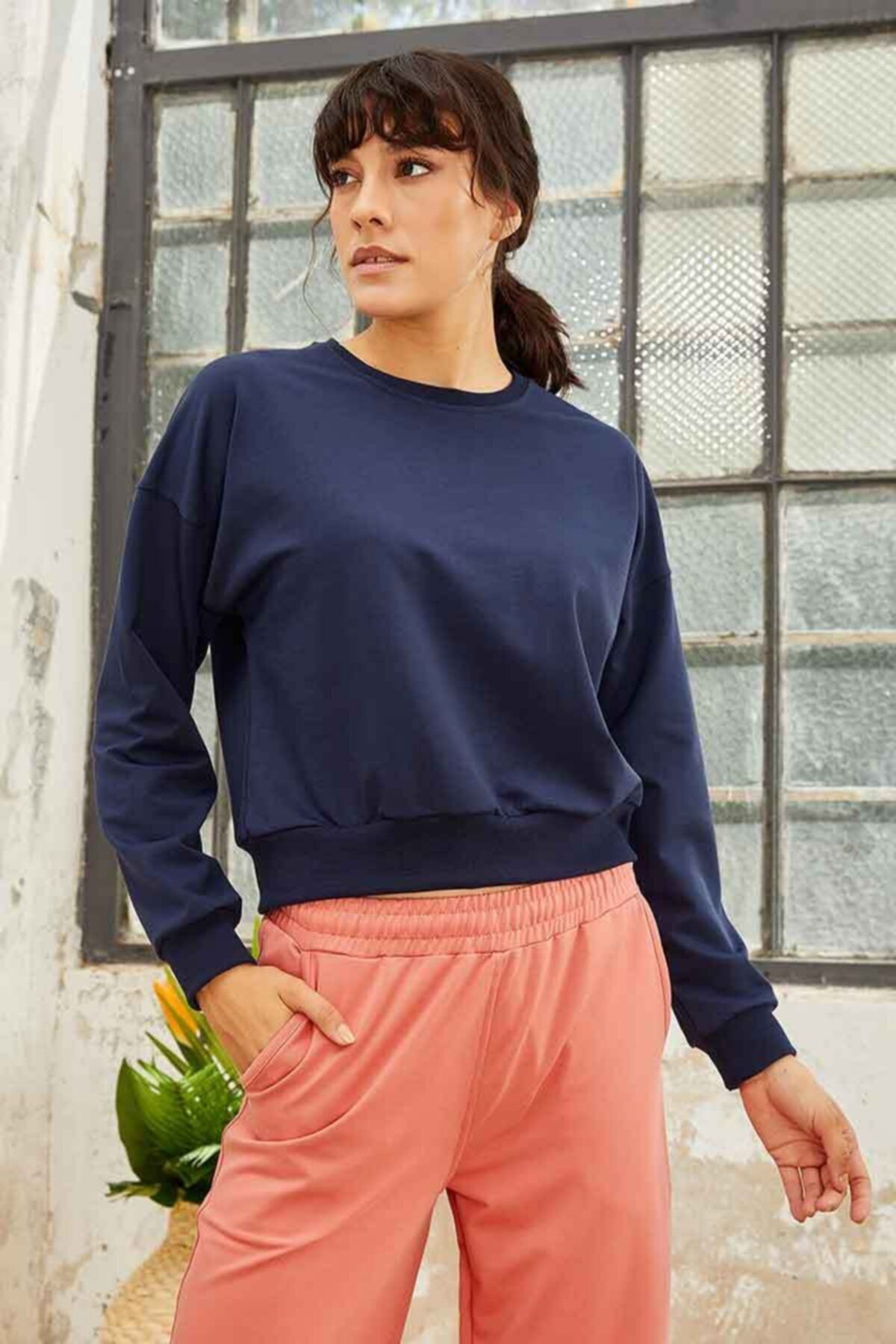 TOMMY LIFE Kadın Klasik O Yaka Indigo  Sweatshirt