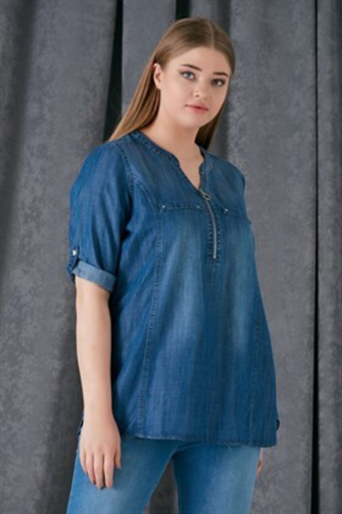 Rmg Kadın Mavi Yaka Detaylı Büyük Beden Tensel Bluz