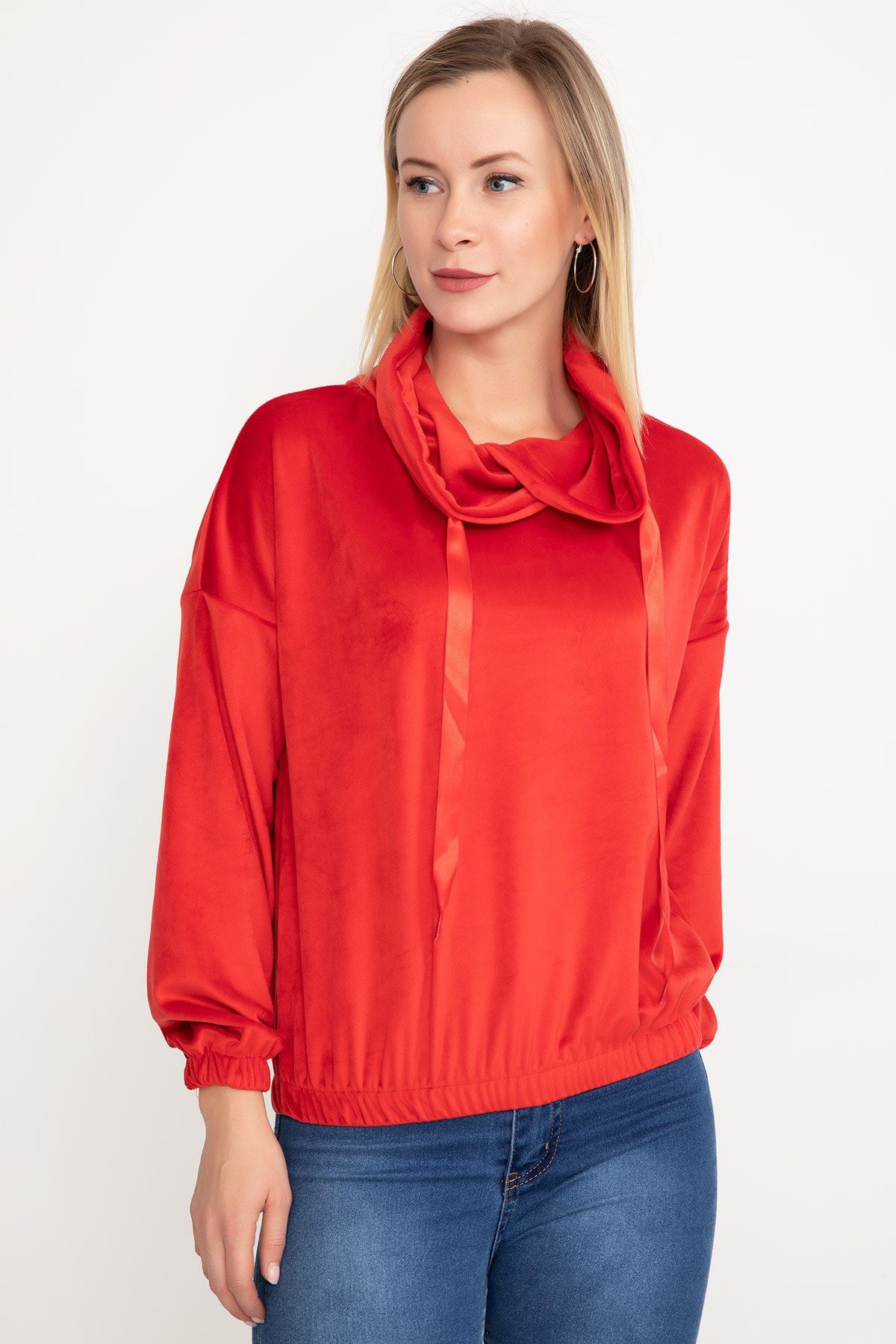 D-Paris Kadın Kırmızı Kadife Şal Yaka Sweatshirt