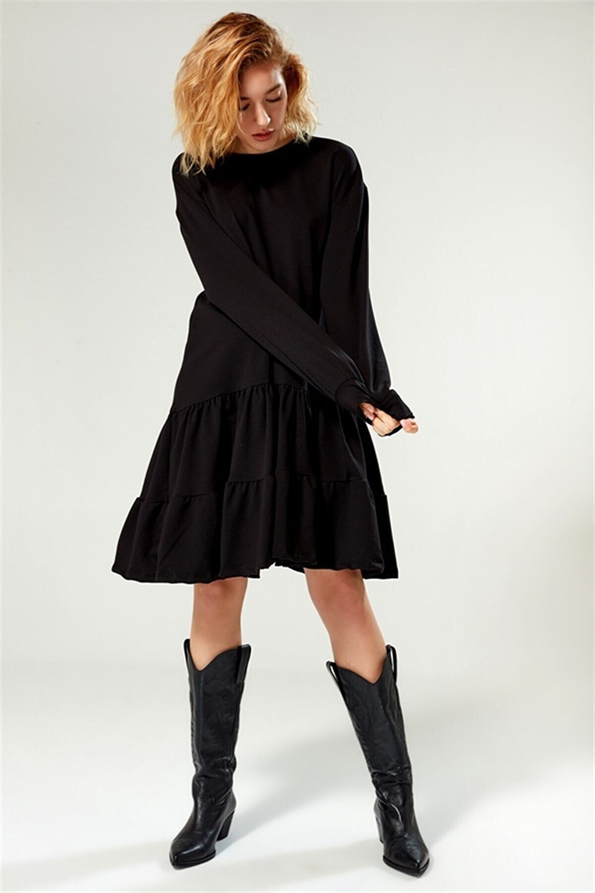Boutiquen Kadın Siyah Eteği Büzgülü Uzun Kollu Elbise 2164