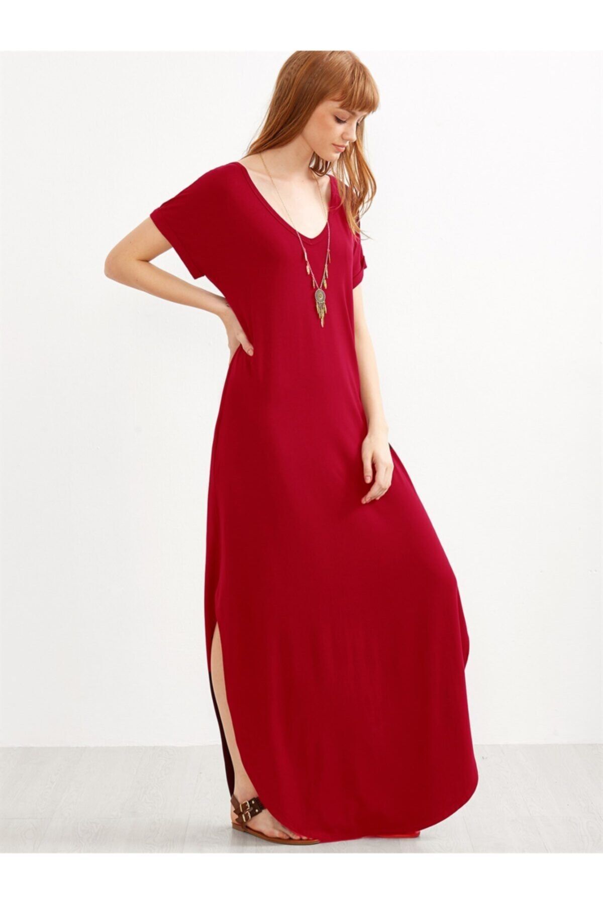 Boutiquen Kadın Bordo Yanları Yırtmaçlı Uzun Salaş Cepli Elbise 2233