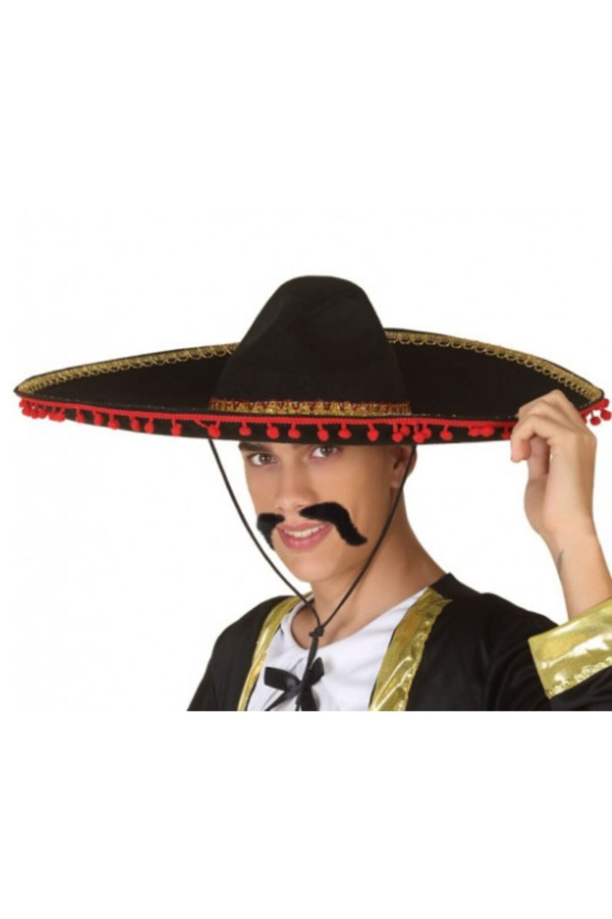 Genel Markalar Kırmızı Ponponlu Altın Şeritli Mariachi Jalisco Meksika Şapka Yetişkin Boy ( ())