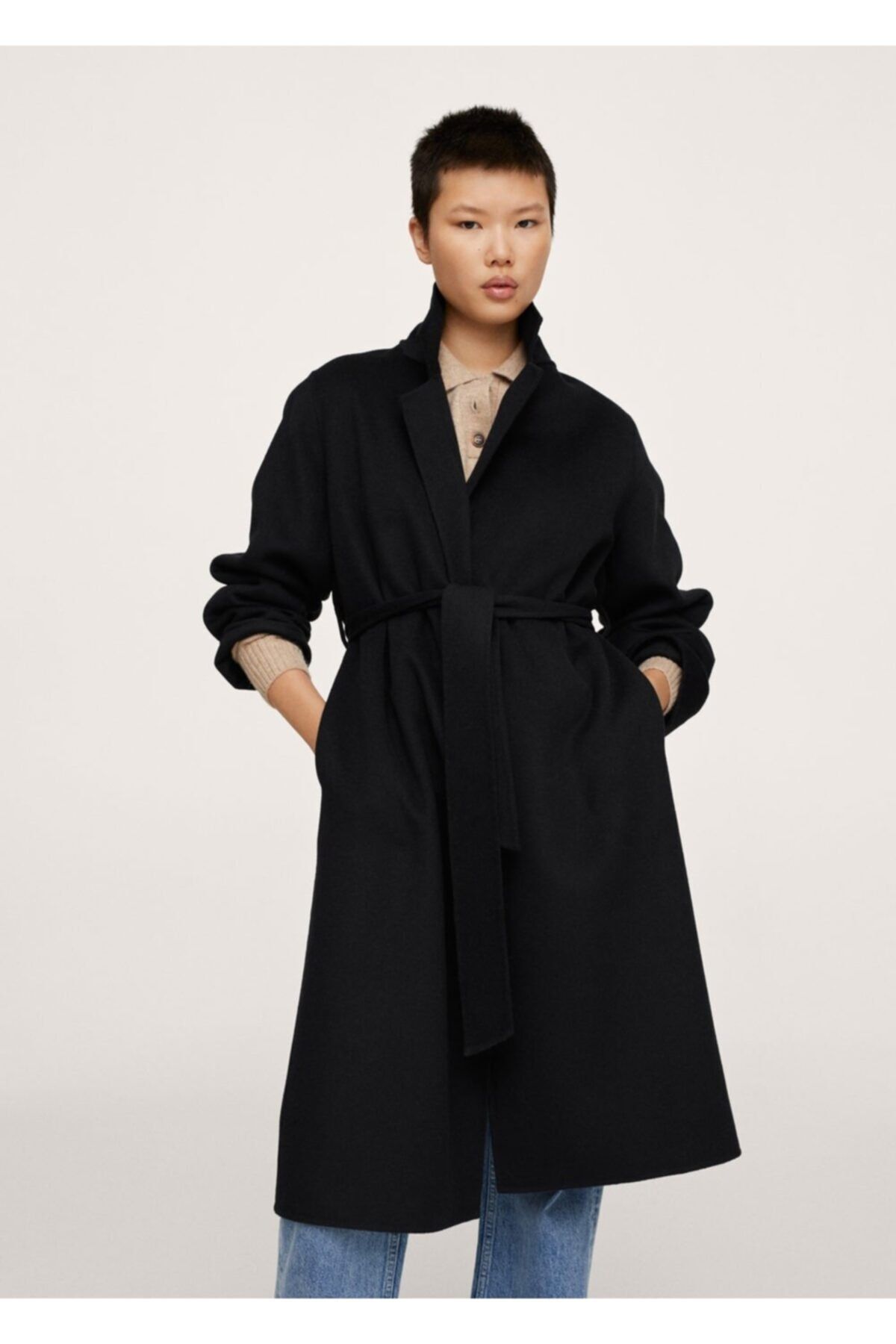MANGO Kadın Siyah Kemerli El Yapımı Palto