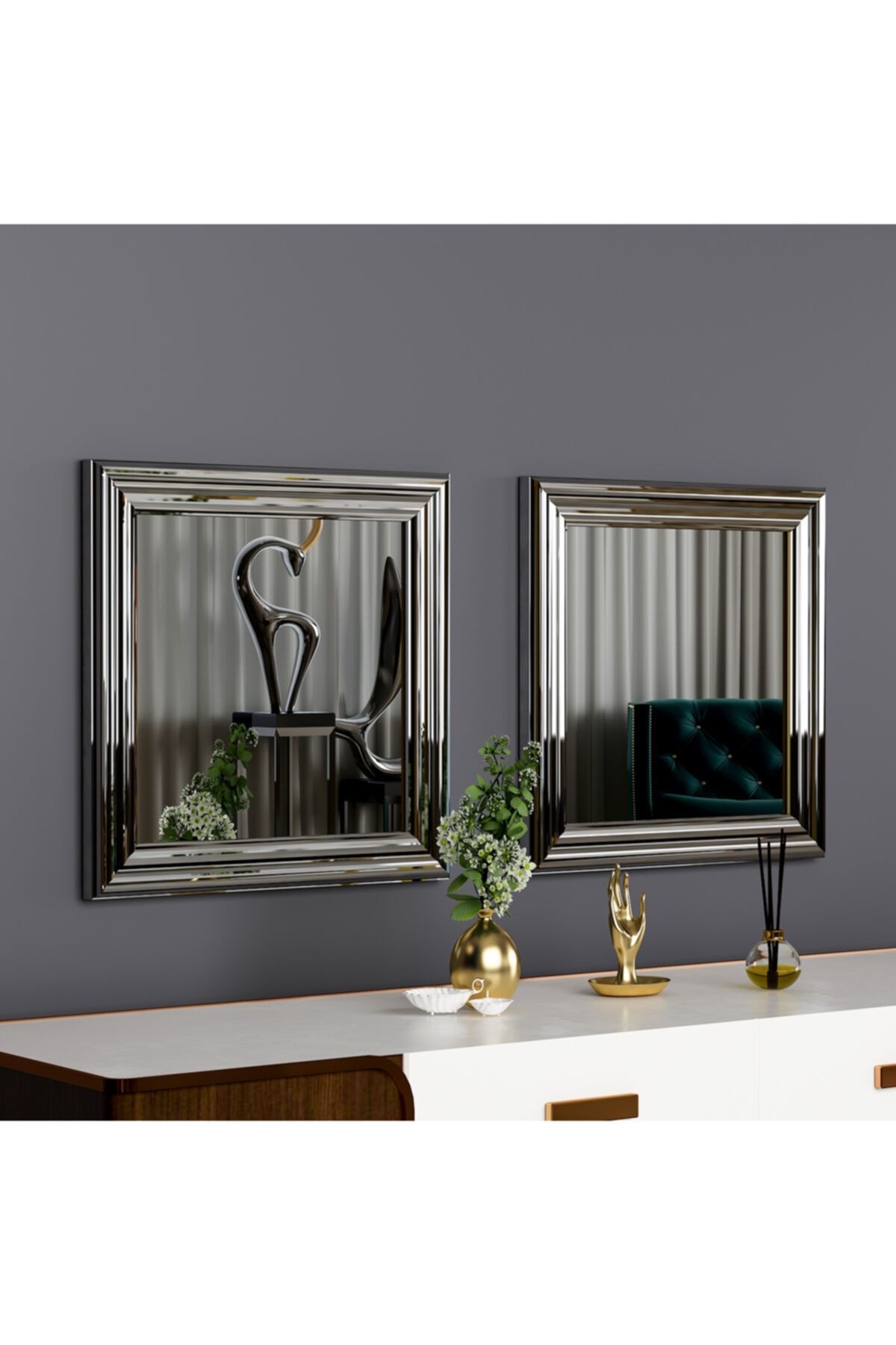 MONEayna 2'li Gümüş Çerçeveli Dekoratif Salon Ofis Aynası O245t