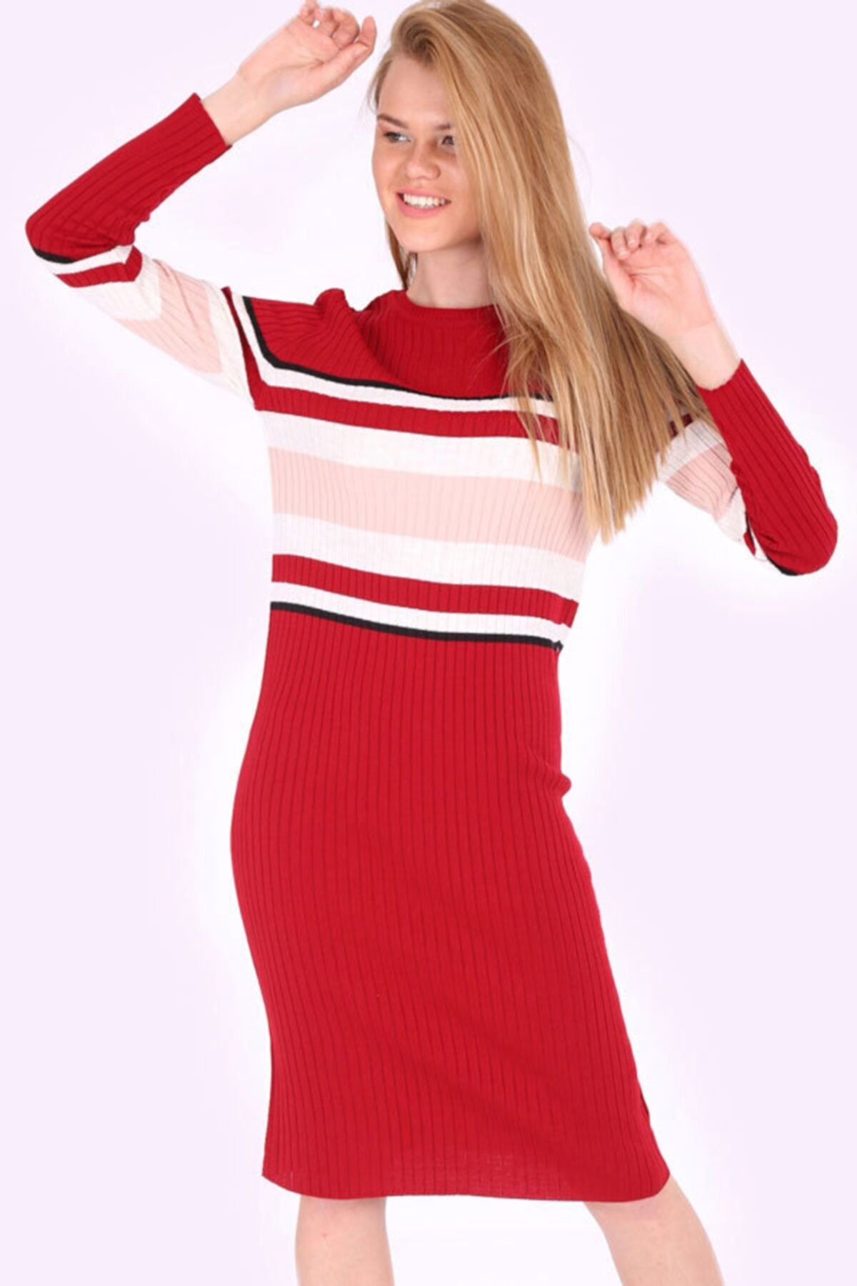 Bigdart 15684 Çok Renkli Fitilli Triko Elbise - Kırmızı