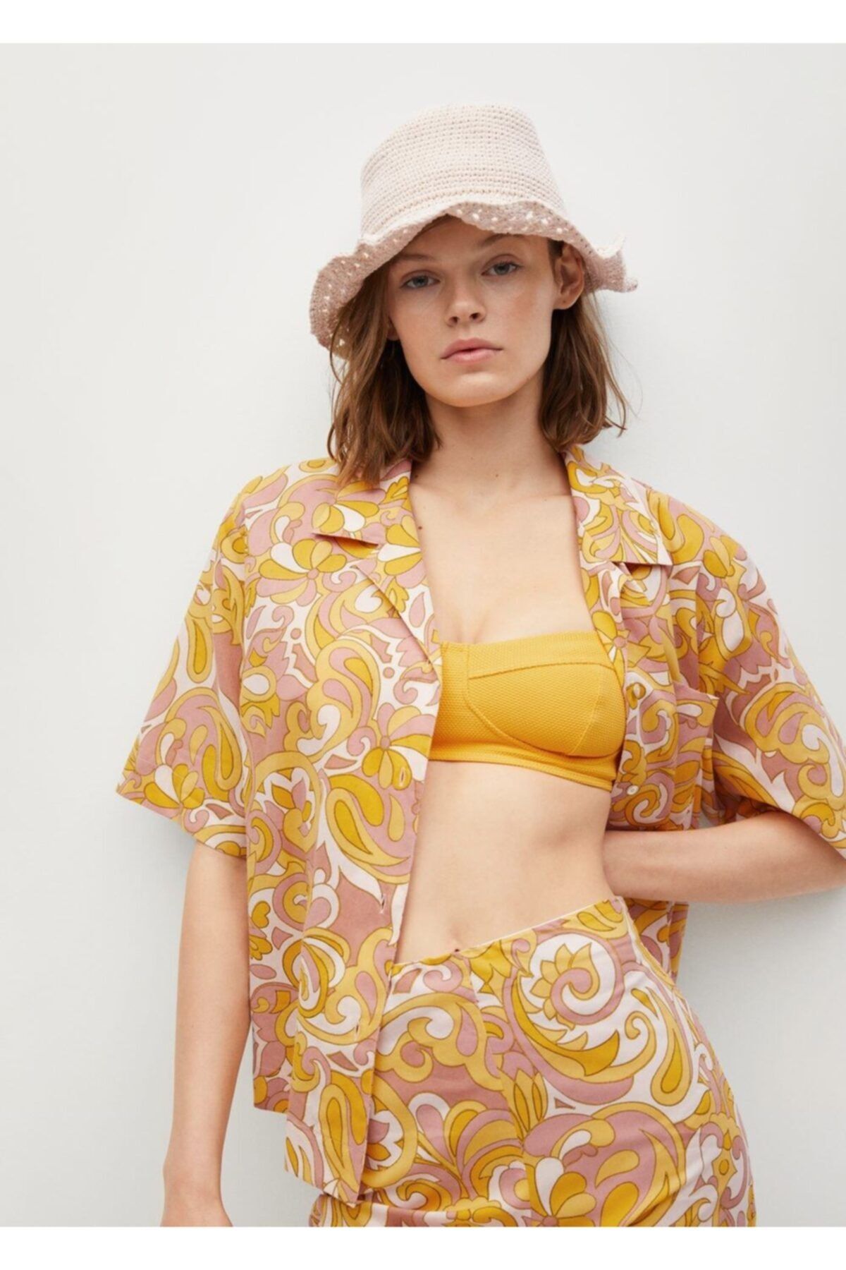MANGO Kadın Sarı Desenli Koton Gömlek