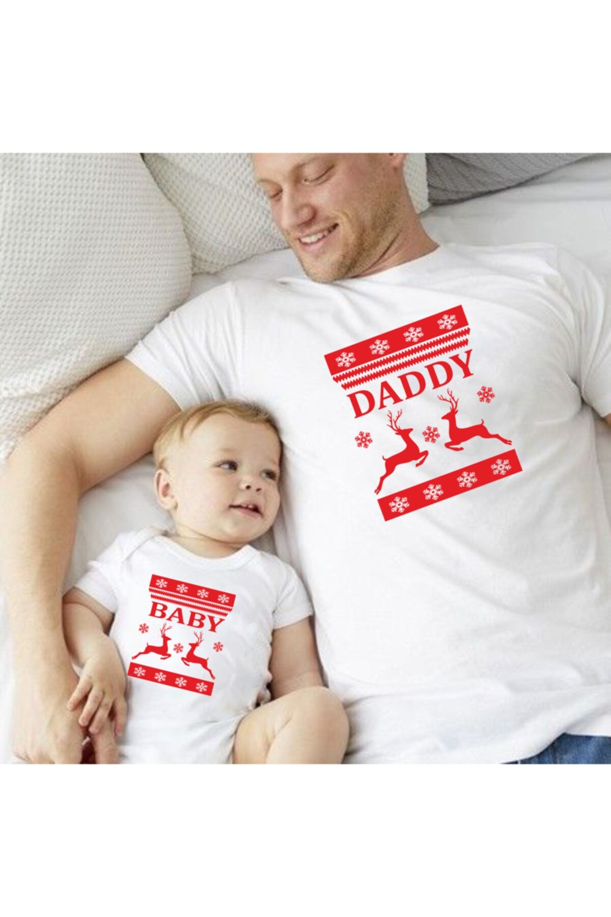 venüsdijital Daddy Baby Yılbaşı Kırmızı Tshirt Zıbın(tekli Üründür Kombin Yapmak Için 2adet Sepete Ekleyiniz)