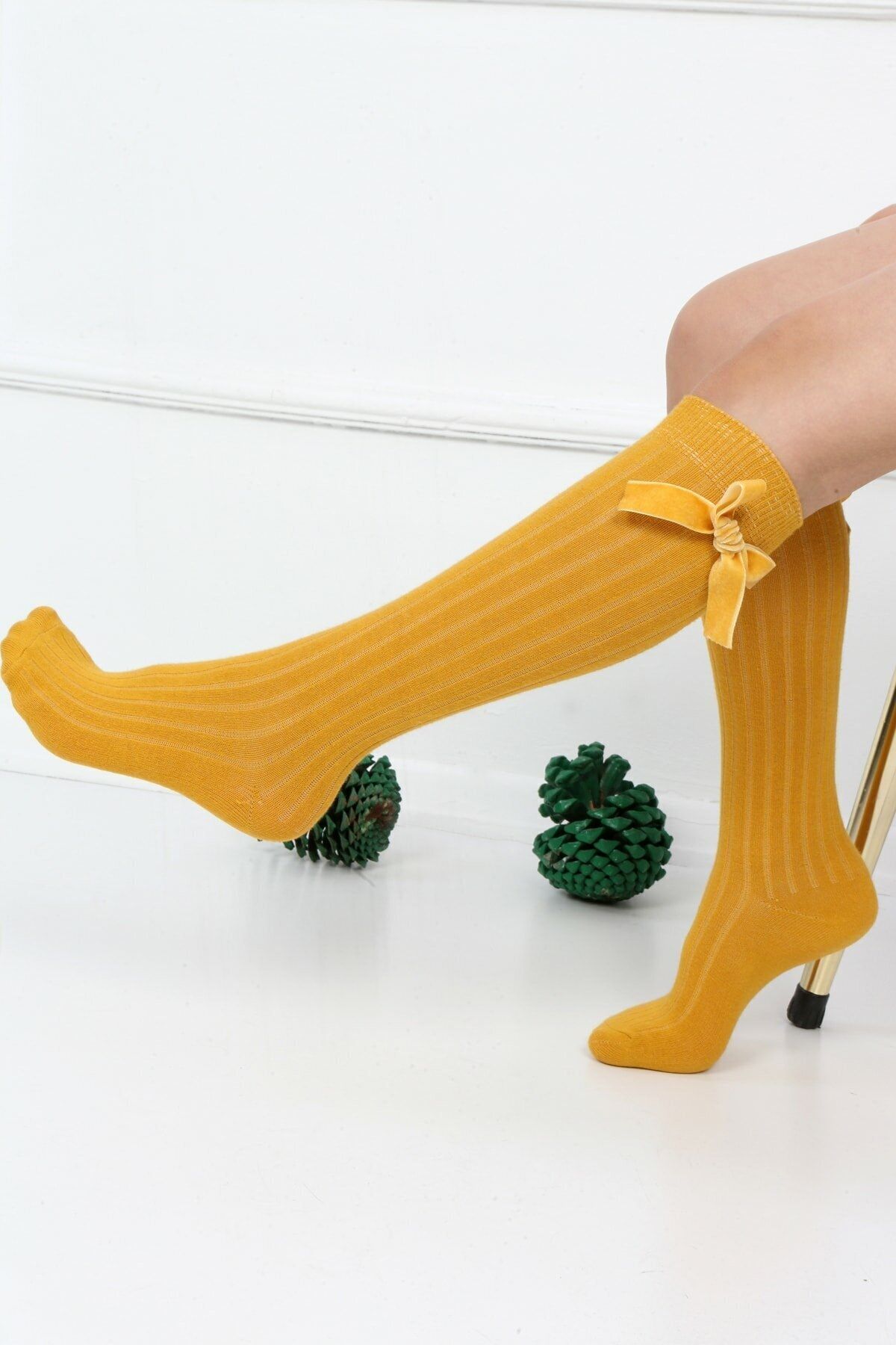 RTEK Hardal Sarısı Kurdeleli Çocuk Diz Altı Çorap