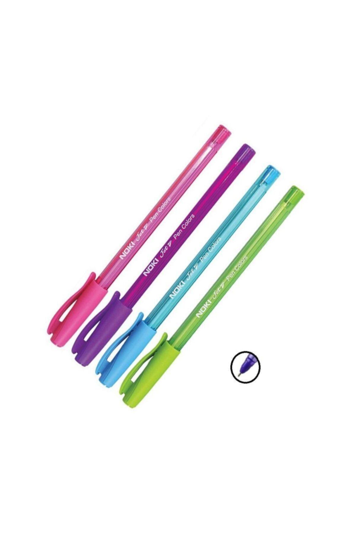 Noki Renkli Tükenmez Jet Ball Pen 1.0 mm 4 Adet  Pembe Açık Mavi Açık Yeşil Mor