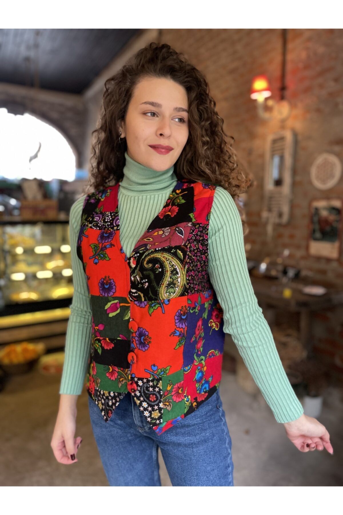 HATİCE CİVELEK Hc Çiçek Desenli Pazen Patchwork Yelek
