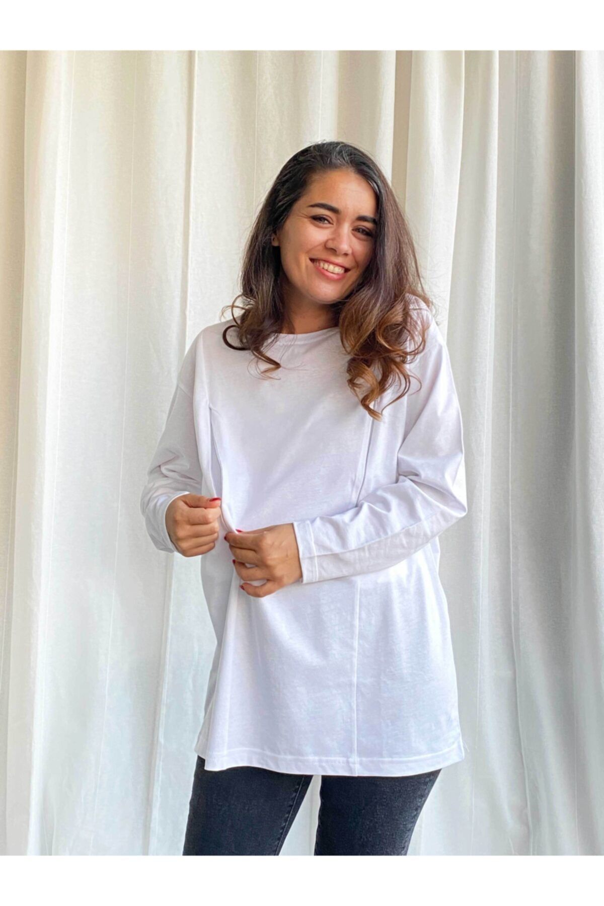 Baby Boroosh Kadın Gizli Fermuarlı Uzun Kollu Oversize Beyaz Emzirme Tişörtü