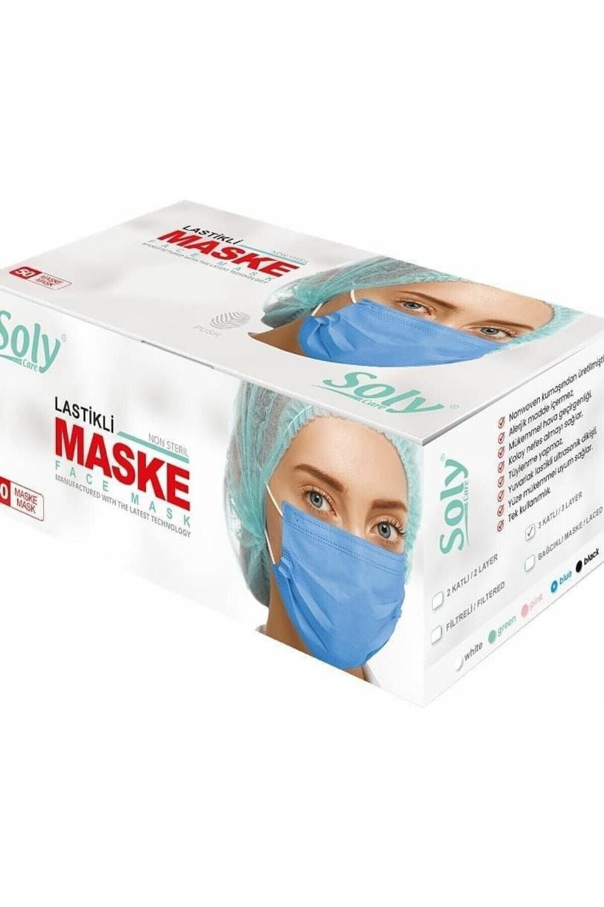 Soly Care Mavi 3 Katlı Full Ultrasonic Telli Maske 100 Adet