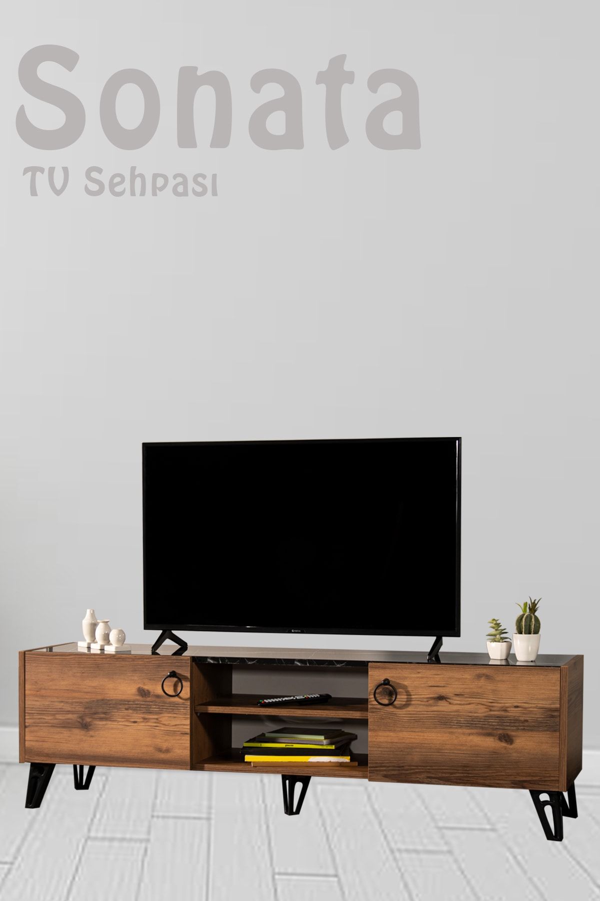 SANDALİE Sonata Tv Ünitesi - Ceviz/siyah 160 Cm 2 Kapaklı + 2 Raflı Tv Sehpası