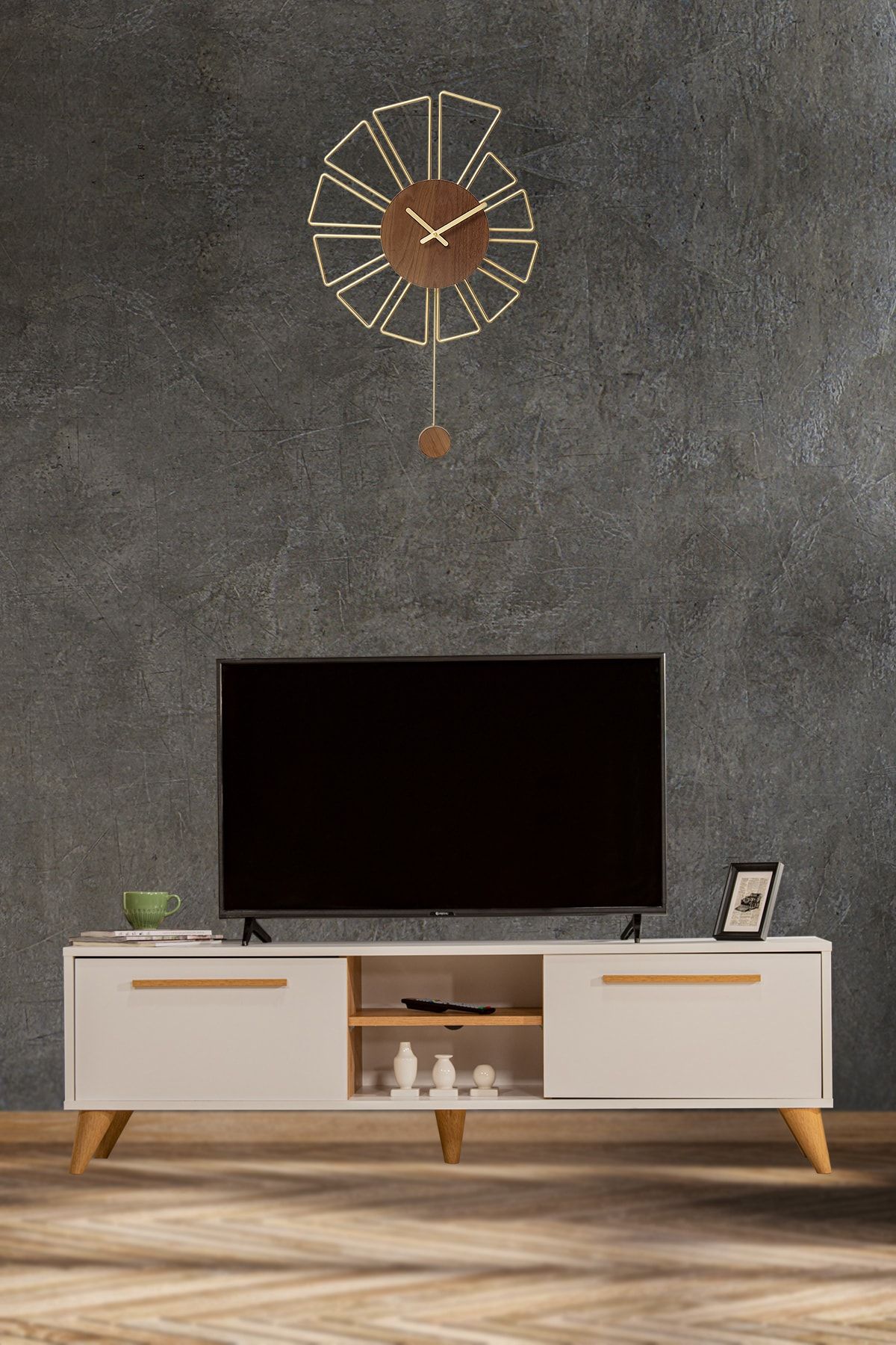 SANDALİE White Tv Ünitesi - Beyaz/ceviz 160 Cm 2 Kapaklı + 2 Raflı Tv Sehpası