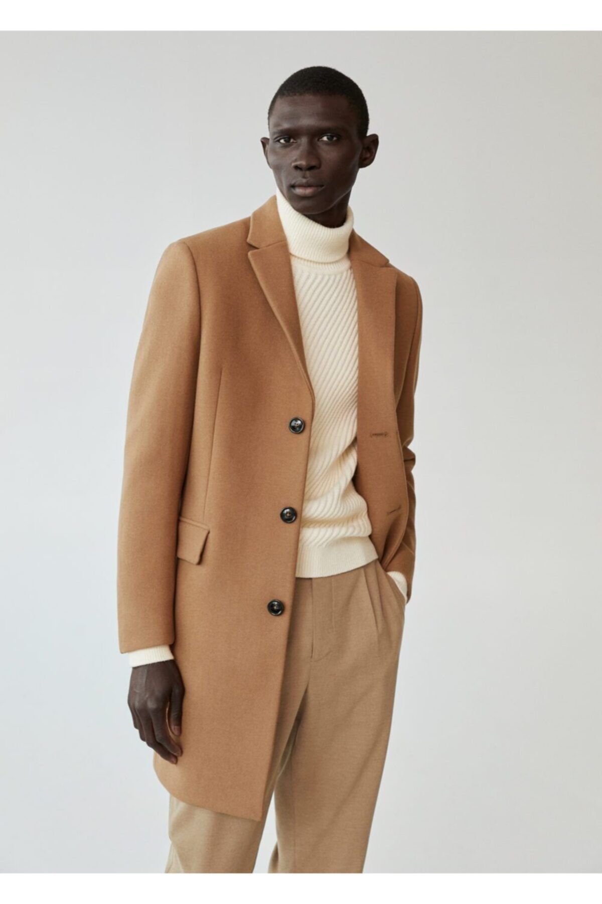 MANGO Man Erkek Orta Kahverengi Yün Tailored Palto