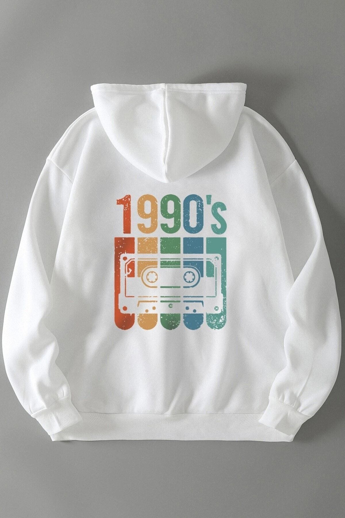 MODAGEN Unisex Oversize Beyaz 90'lar Baskılı Kapüşonlu Sweatshirt