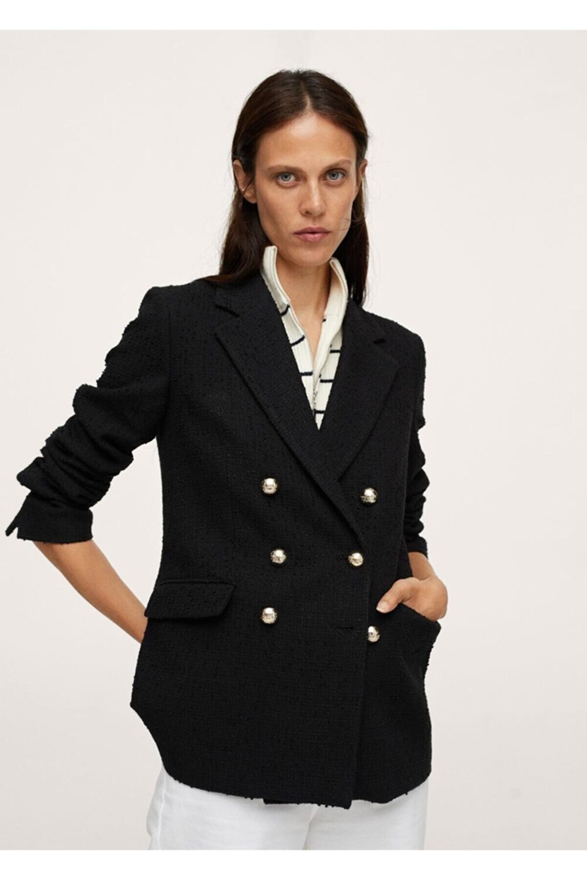 Mango Kadın Siyah Düğmeli Tüvit Blazer Ceket