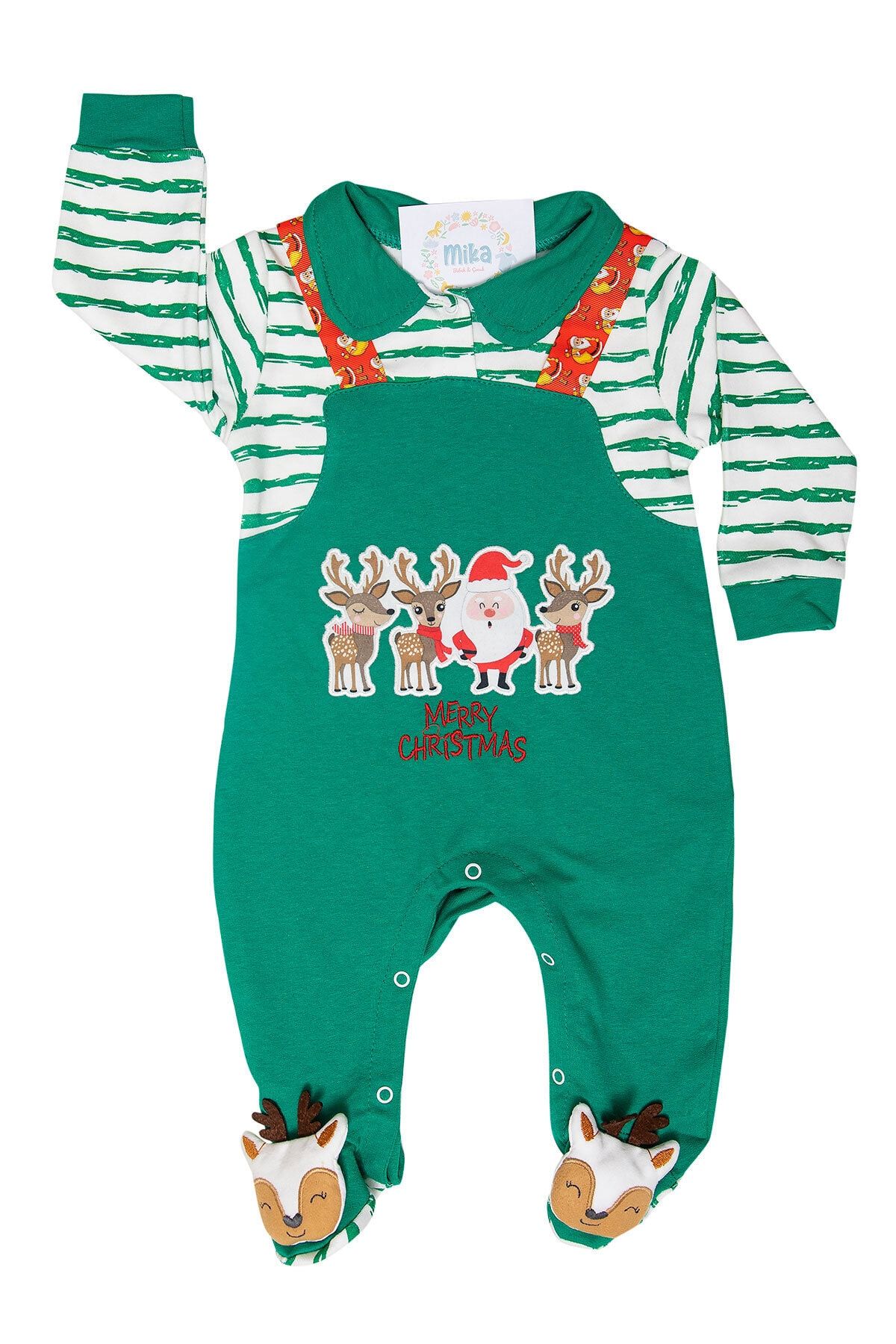 Mika Bebek & Çocuk Çıngırak Patikli Noel Baba Geyik Baskılı Salopet Görünümlü Unisex Yeşil Tulum