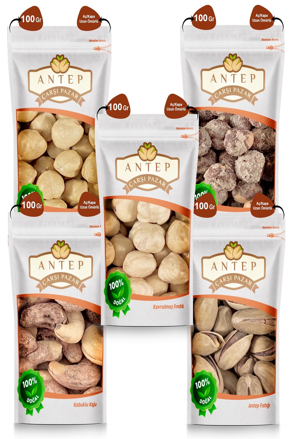 Antep Çarşı Pazar Karışık Kuruyemiş ( 100 Gr. X 5 Paket ) Tuzlu-beyaz-çifte Kav. Fındık-kaju-siirt Fıstığı