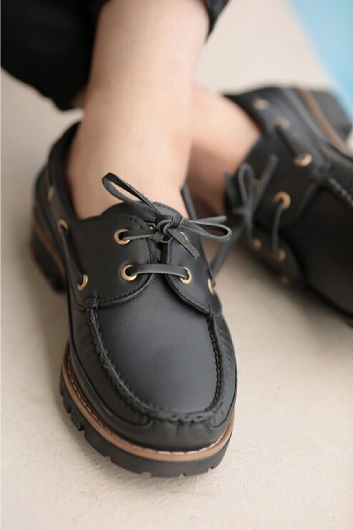 RodeoClass Erkek Kalın Tabanlı Bağcıklı Siyah Hakiki Deri Günlük Ortopedik Loafer Ayakkabı