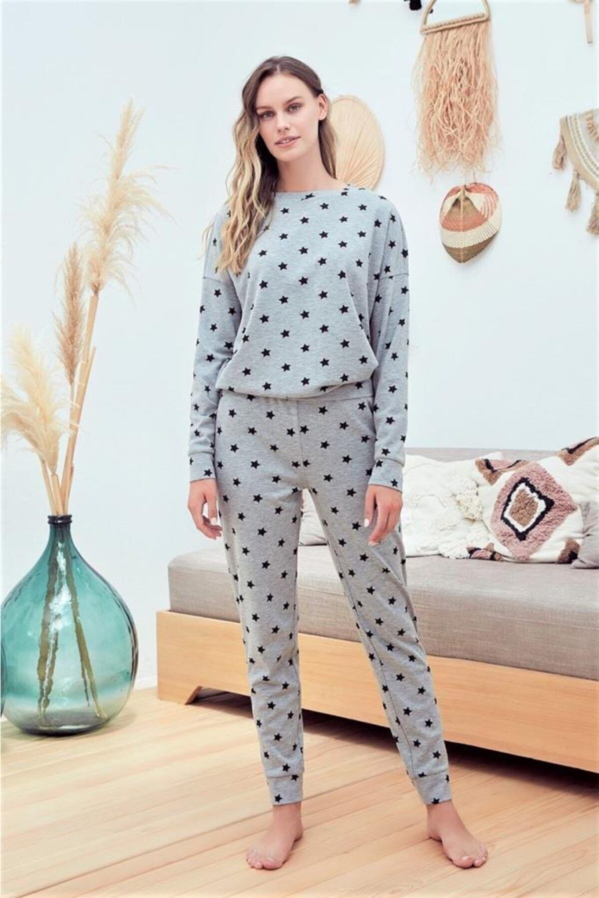 Eros Sıfır Yaka Yıldız Desen Bilekli Bayan Pijama Takım