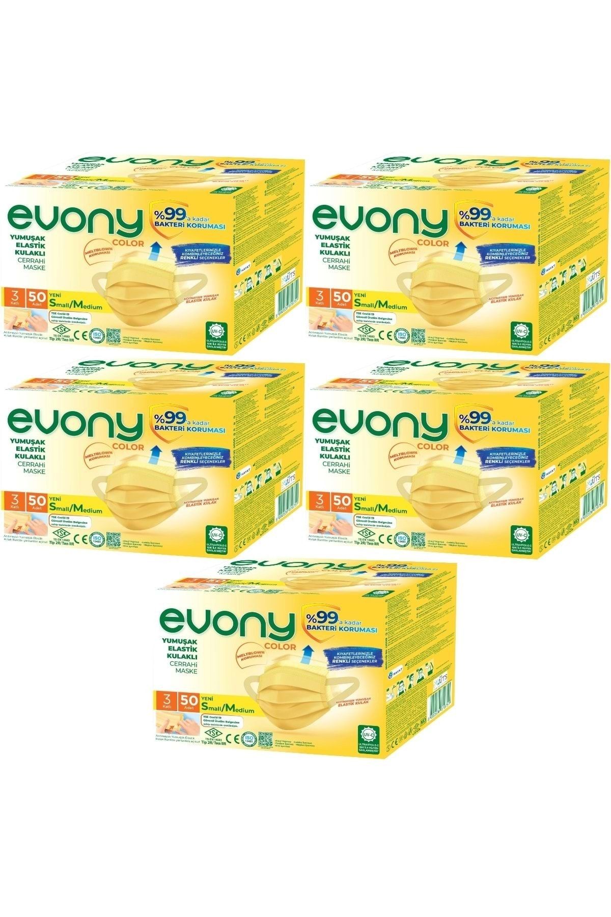 Evony 3 Katlı Filtreli Burun Telli Cerrahi Maske 250 Li Set Small/medium Sarı 160*90mm (5pk*50)