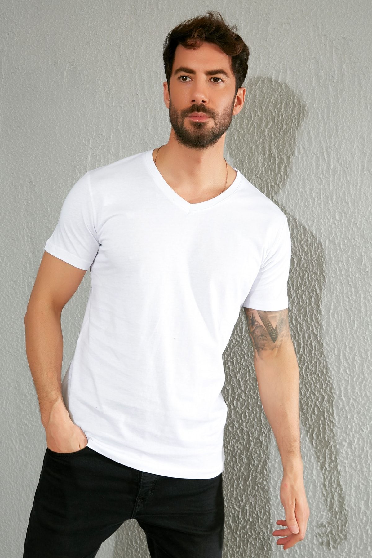 Sateen Men Erkek Beyaz Kısa Kol V Yaka T-Shirt