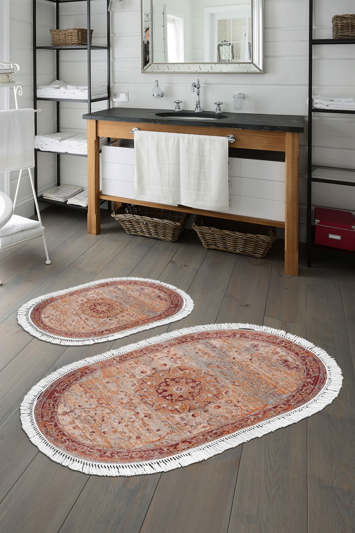 Alanur Home Eko Trend Djt 2 Li Yıkanabilir Taban Oval Banyo Paspas P1356 Vintage Kırmızı (60 X 100 - 50 X 60)