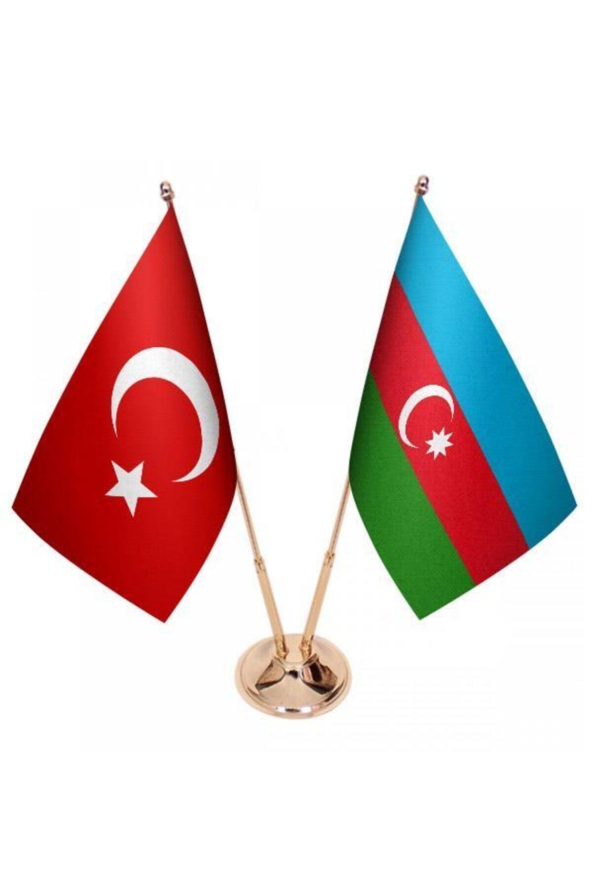 Saturn Masa Üstü Azerbaycan Bayrağı Türk Bayrağı Ikili Pirinç Direk Masa Bayrak Seti