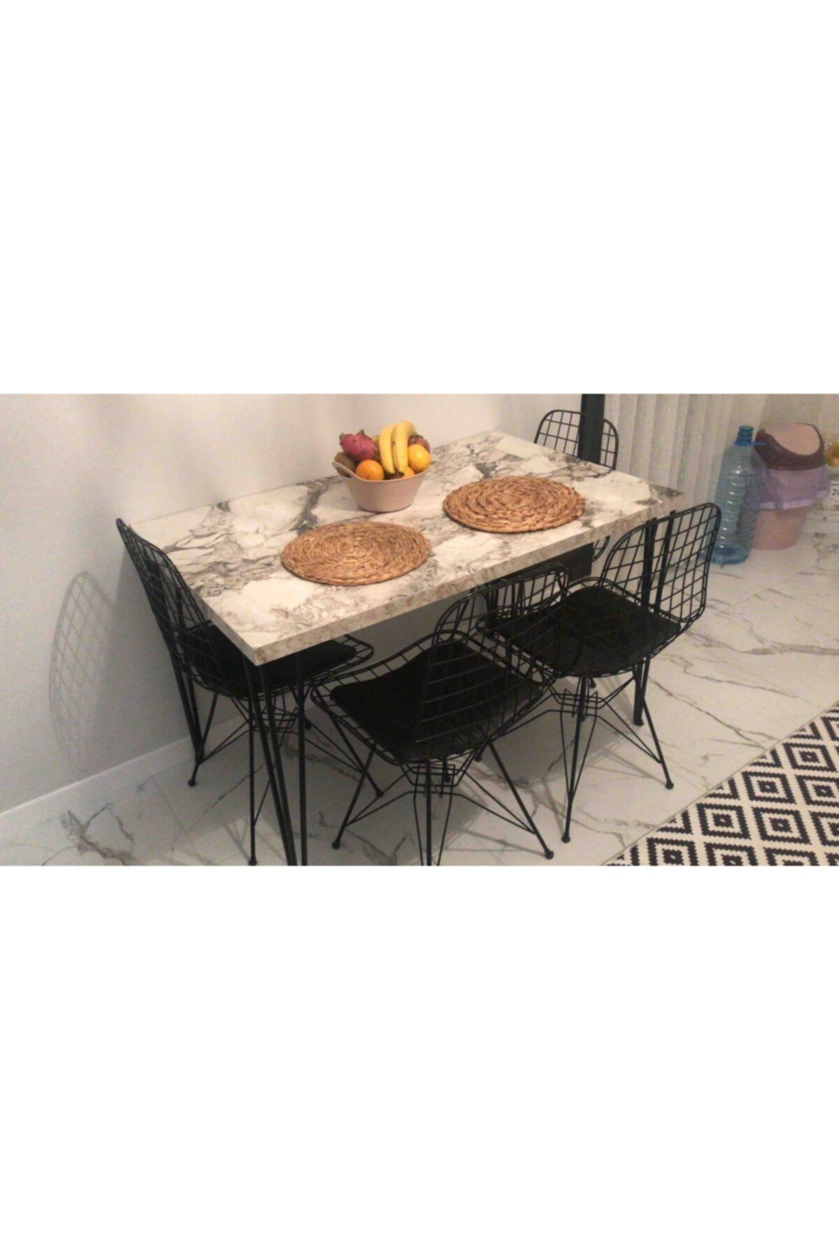 YusGos Beyaz Mermer Desen Yemek Mutfak Masası 4 Kişilik Tel Sandalyeli