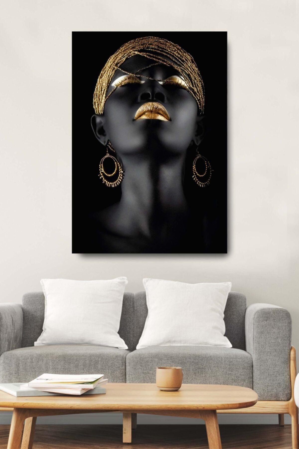 Sanat Tablo Siyahi Kadın Altın Gold Oje Ve Rujlu Dekoratif Kanvas Duvar Tablosu Ev Ofis Hediyelik Tablo