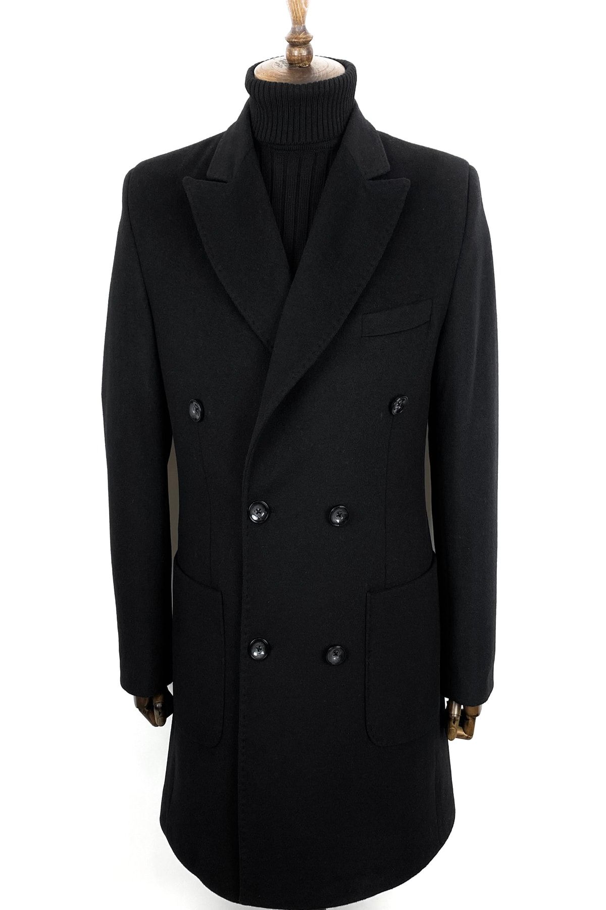 ŞAN GİYİM 2834 Erkek Siyah Sivri Yaka Kruvaze Kısa Palto
