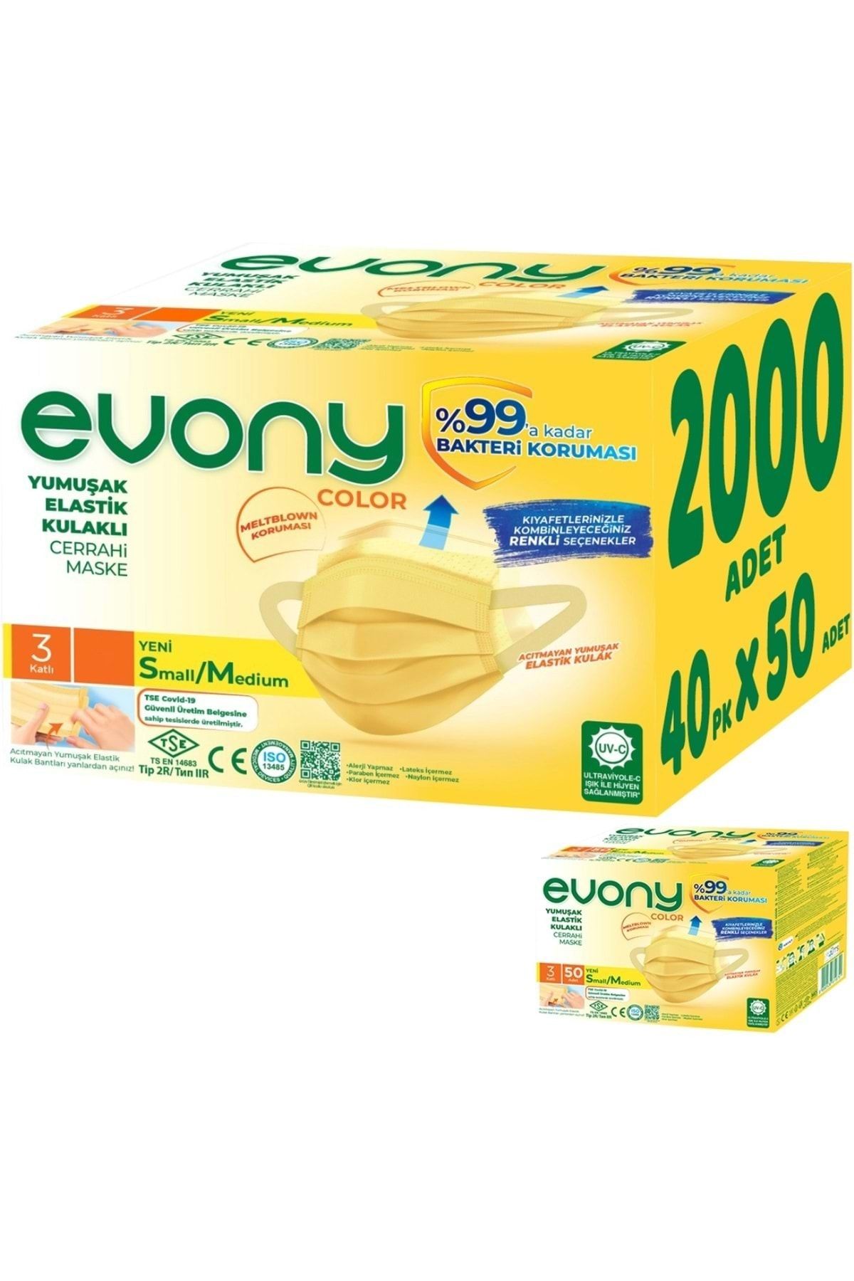 Evony 3 Katlı Filtreli Burun Telli Cerrahi Maske 2000 Li Set Small/medium Sarı 160*90mm (40pk*50)