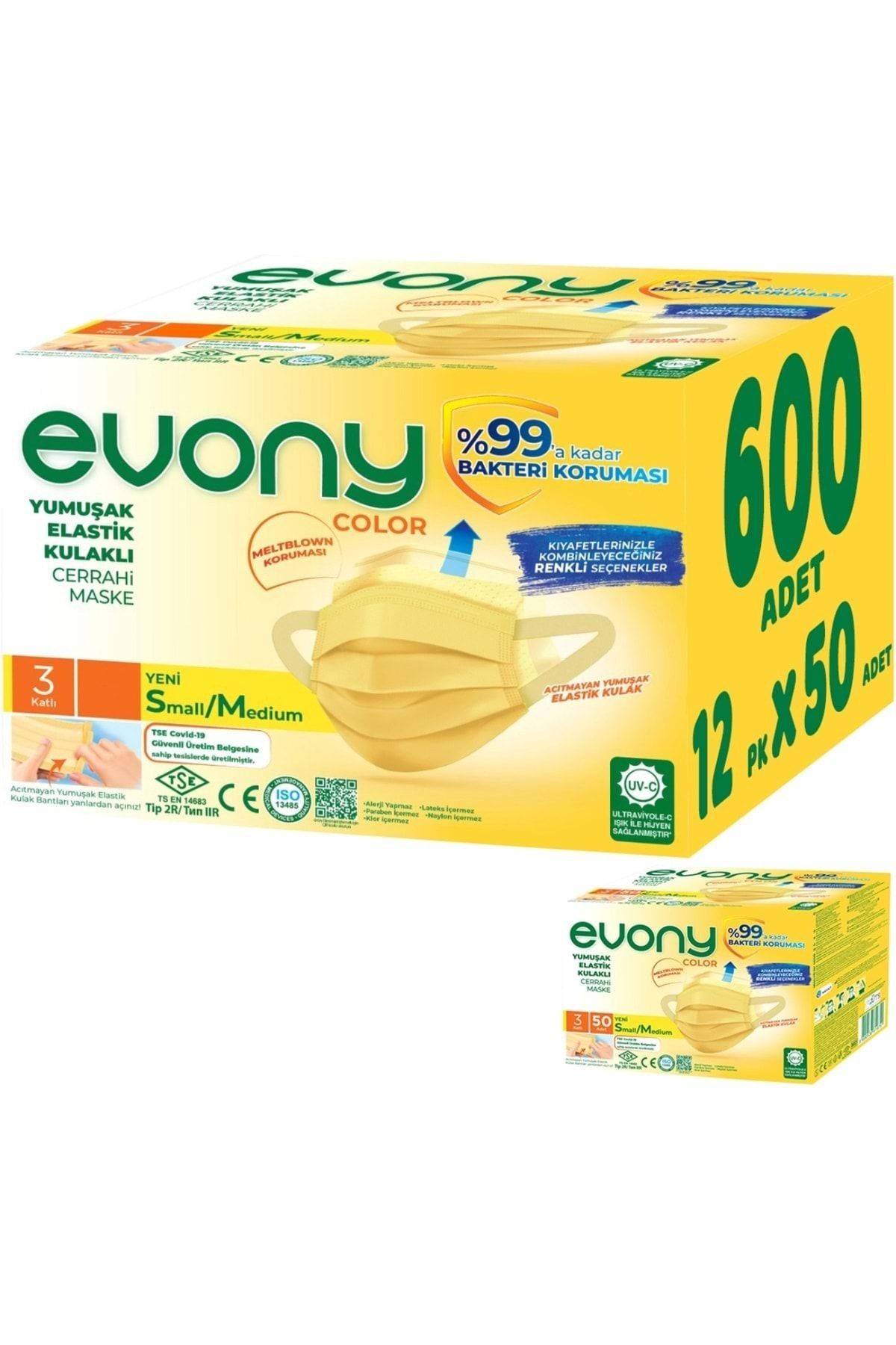 Evony 3 Katlı Filtreli Burun Telli Cerrahi Maske 600 Lü Set Small/medium Sarı 160*90mm (12pk*50)