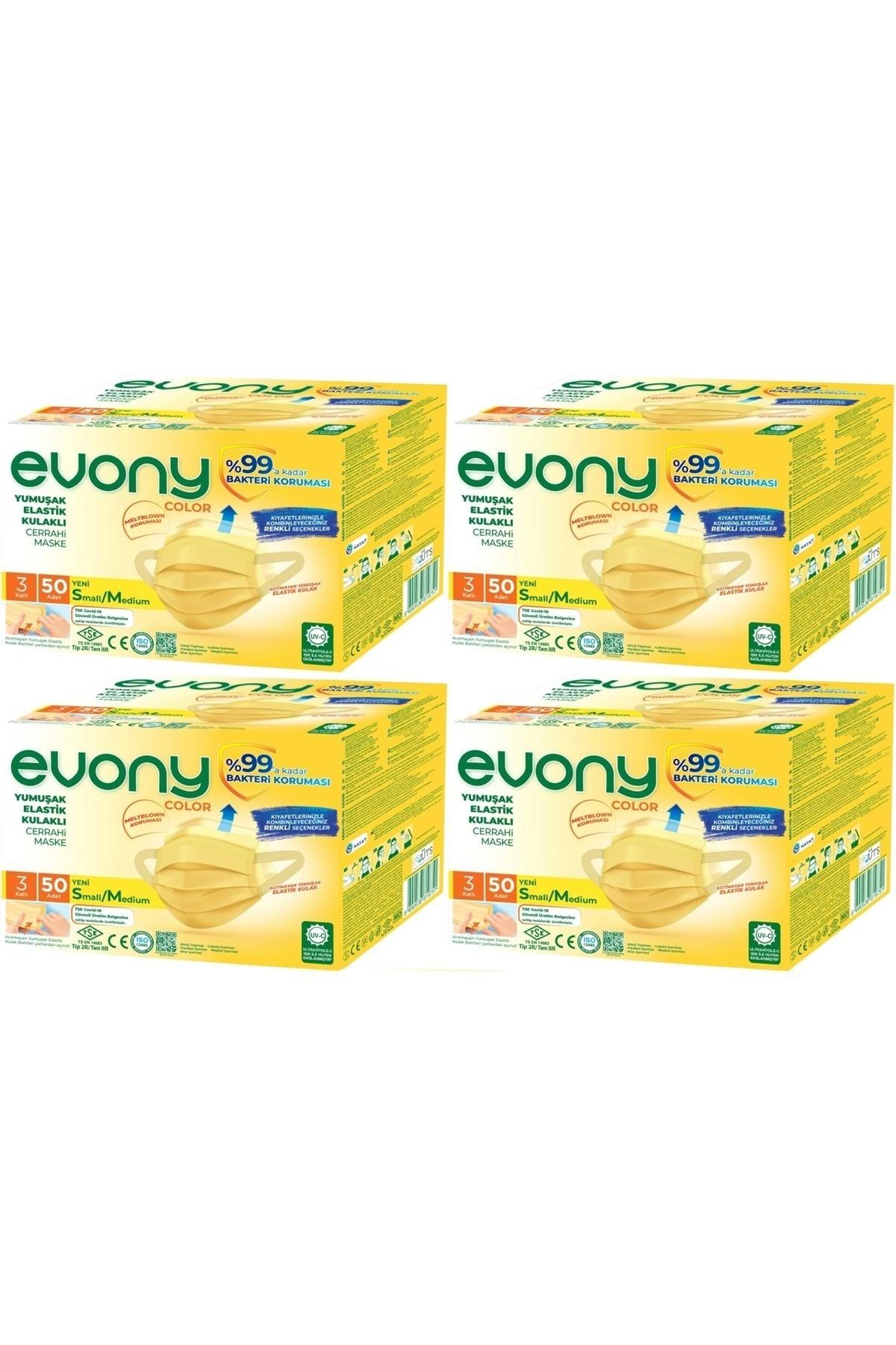 Evony 3 Katlı Filtreli Burun Telli Cerrahi Maske 200 Lü Set Small/medium Sarı 160*90mm (4pk*50)