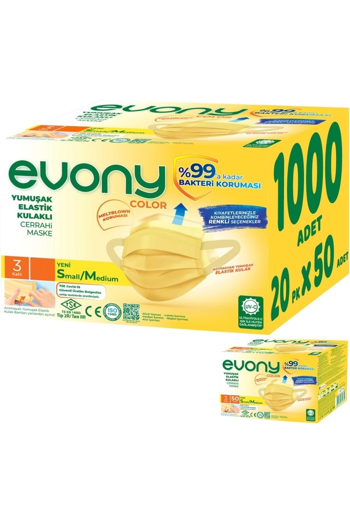 Evony 3 Katlı Filtreli Burun Telli Cerrahi Maske 1000 Li Set Small/medium Sarı
