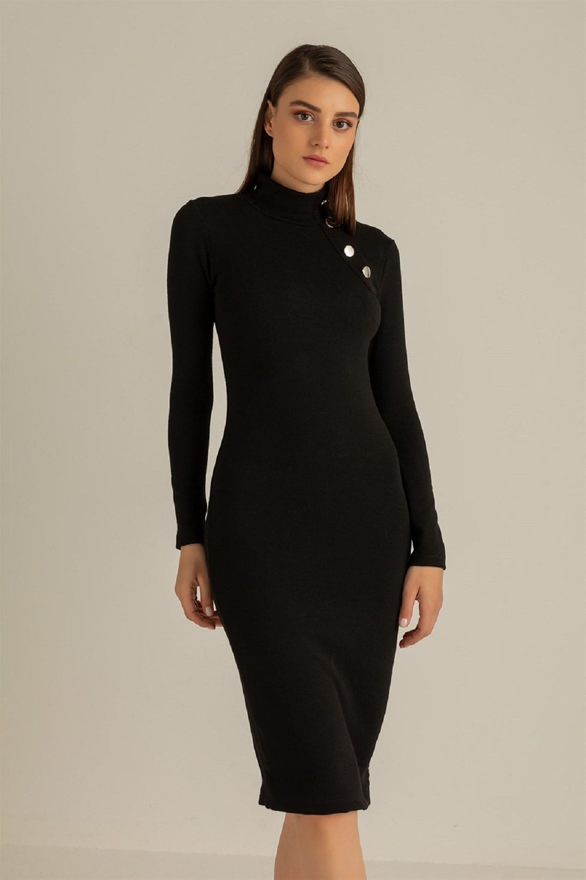 lovebox Kadın Düğme Detaylı Dik Yaka Akrilik Kumaş Uzun Kollu Siyah Elbise 018