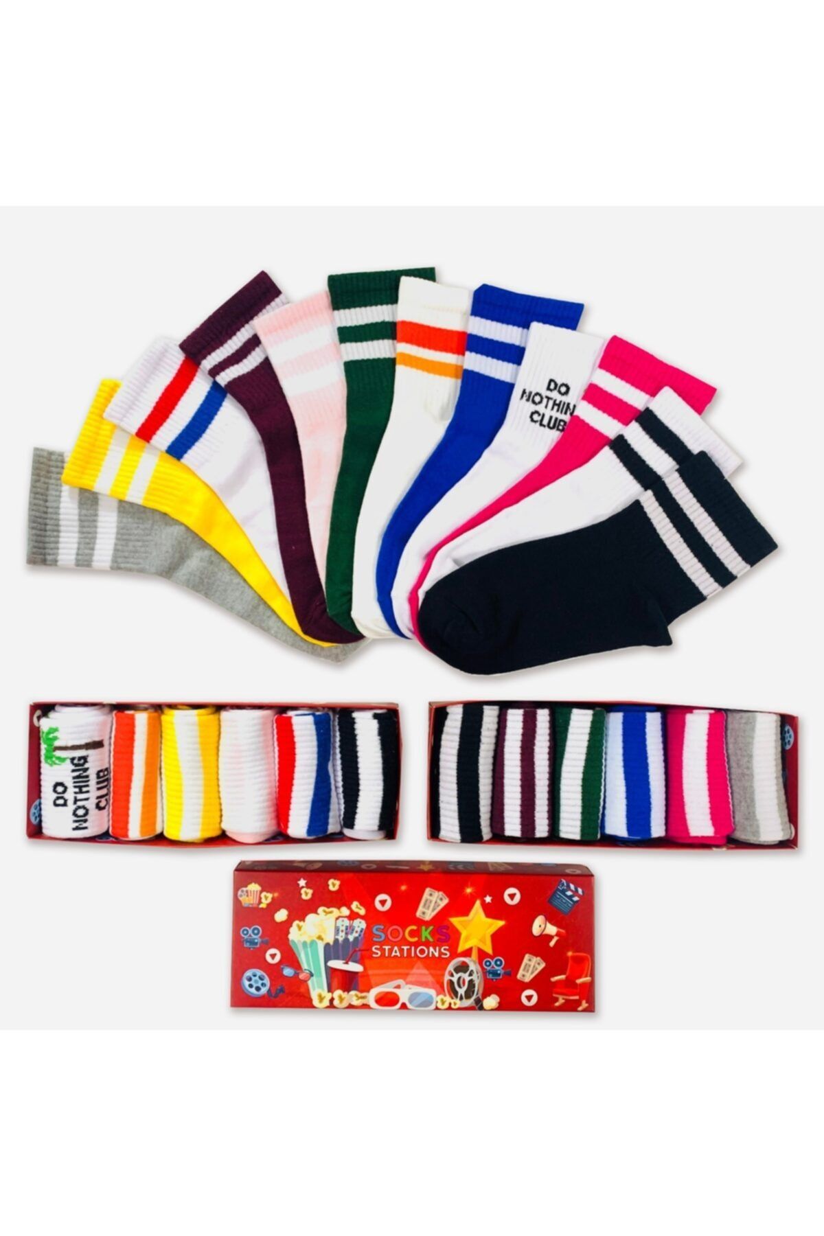 Socks Stations 12'li Çift Çizgi Tenis Renkli Çorap Kutusu