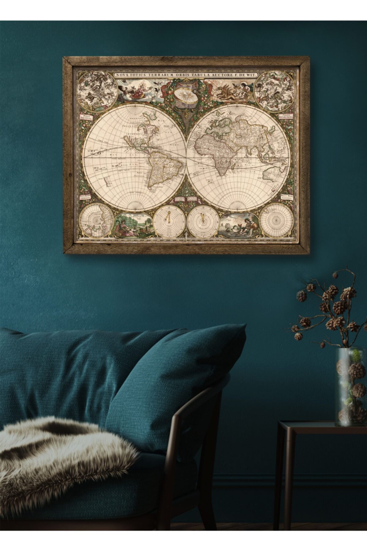Sticker Sepetim 1800s Latince Tarihi Dünya Haritası Vintage Çerçeveli Ahşap Tablo