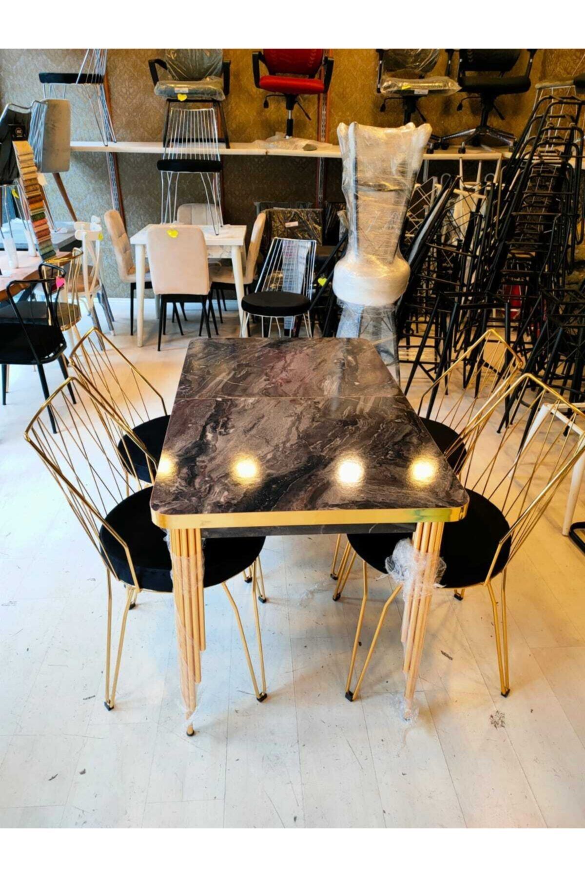 Sandalye Shop Lady Mermer Desen Masa Takımı Gold Siyah 4 Sandalyeli
