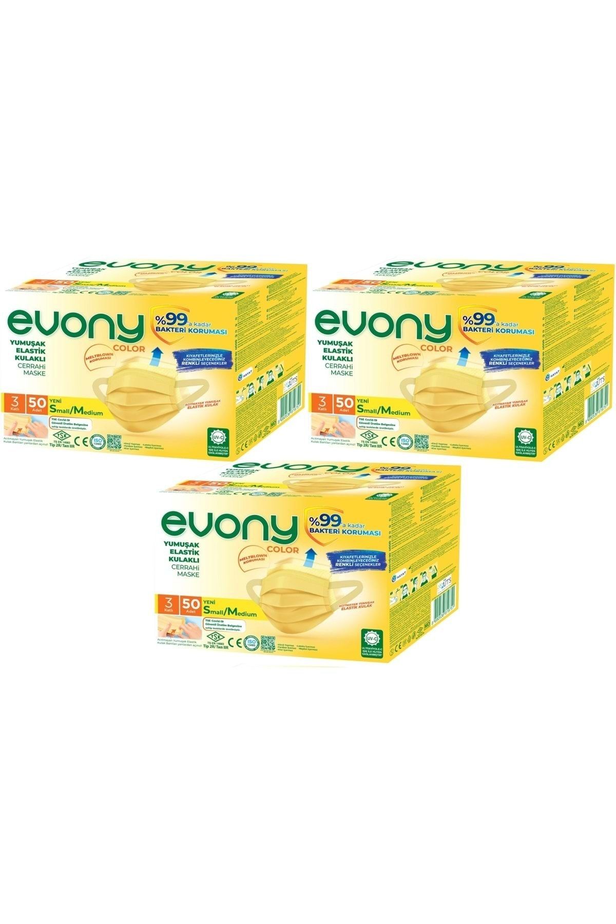 Evony 3 Katlı Filtreli Burun Telli Cerrahi Maske 150 Li Set Small/medium Sarı 160*90mm (3pk*50)