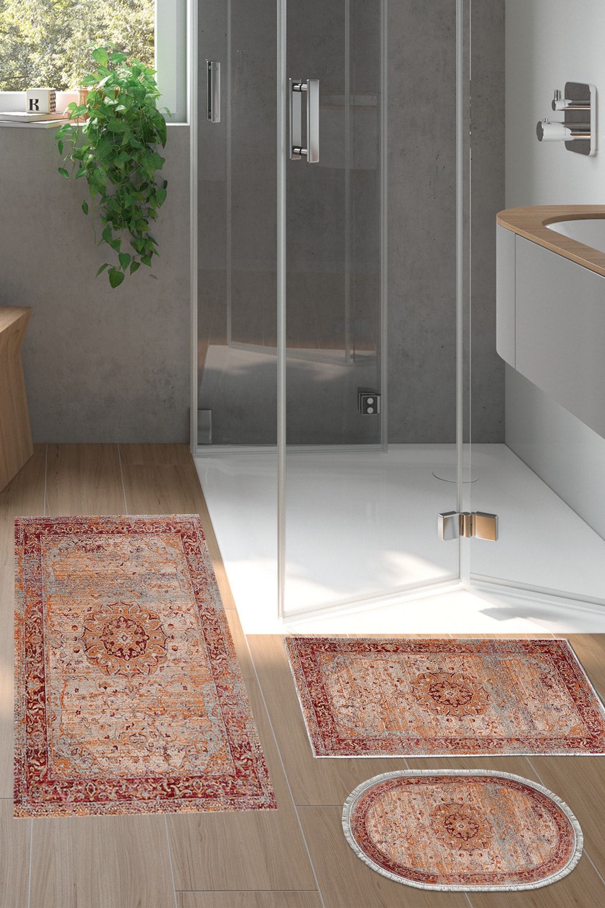 Alanur Home Eko Trend Djt 3 Lü Yıkanabilir Kaymaz Taban Banyo Paspas Seti P1356 Vintage Kırmızı