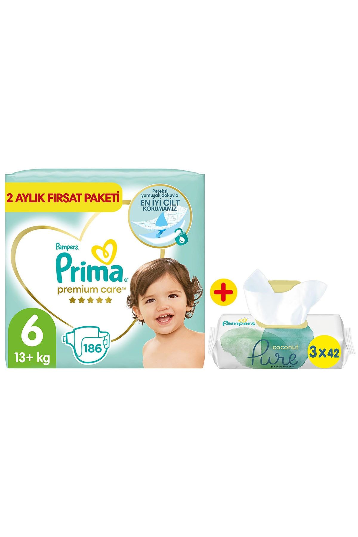 Prima Bebek Bezi Premium Care 6 Beden 186'lı 2 Aylık Fırsat Paket + Pure 3'lü Islak Havlu 126 Yaprak