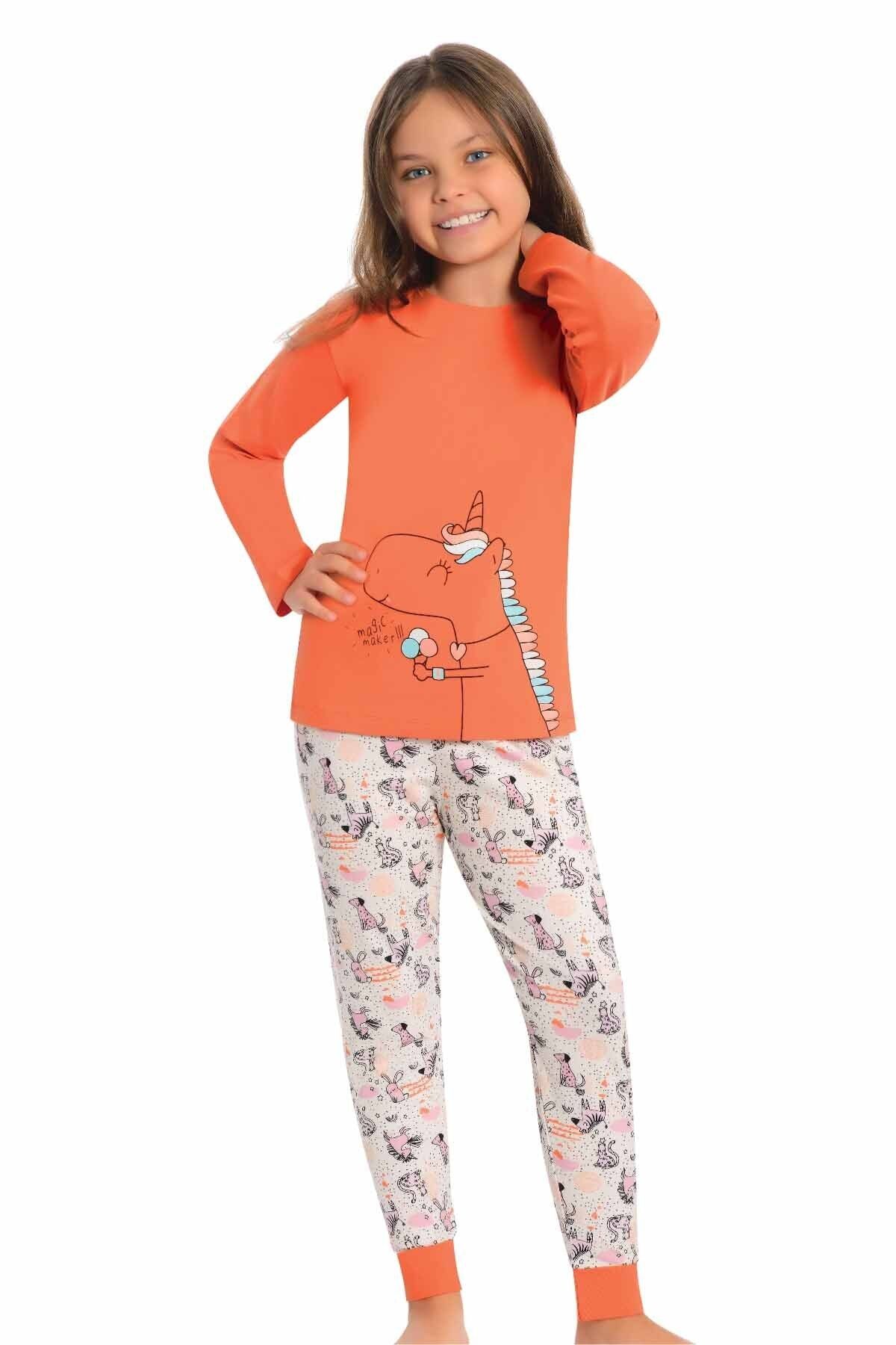Little Frog Turuncu Uzun Kollu Paça Bantlı Kız Çocuk Pijama Takımı