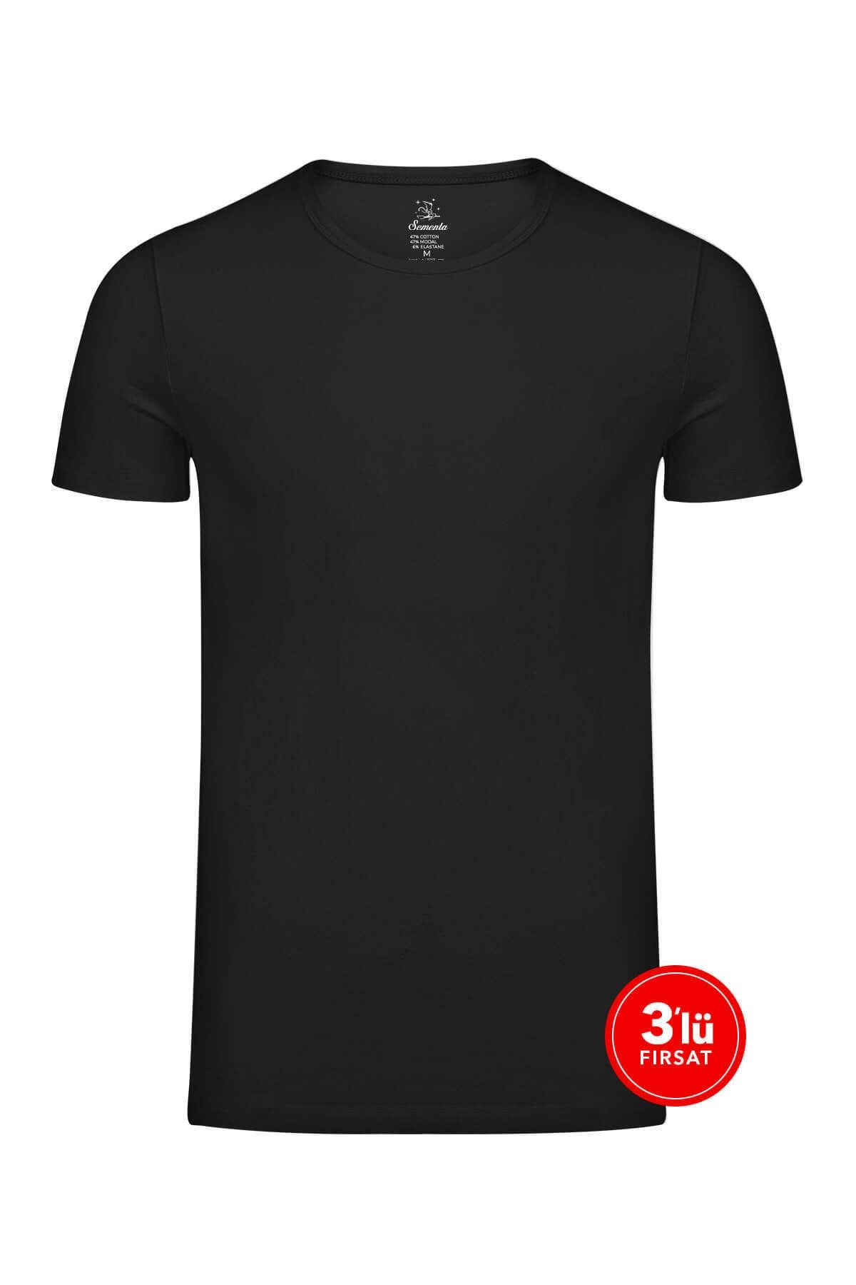 Sementa Erkek Modal Sıfır Yaka Tshirt 3'lü Paket - Siyah
