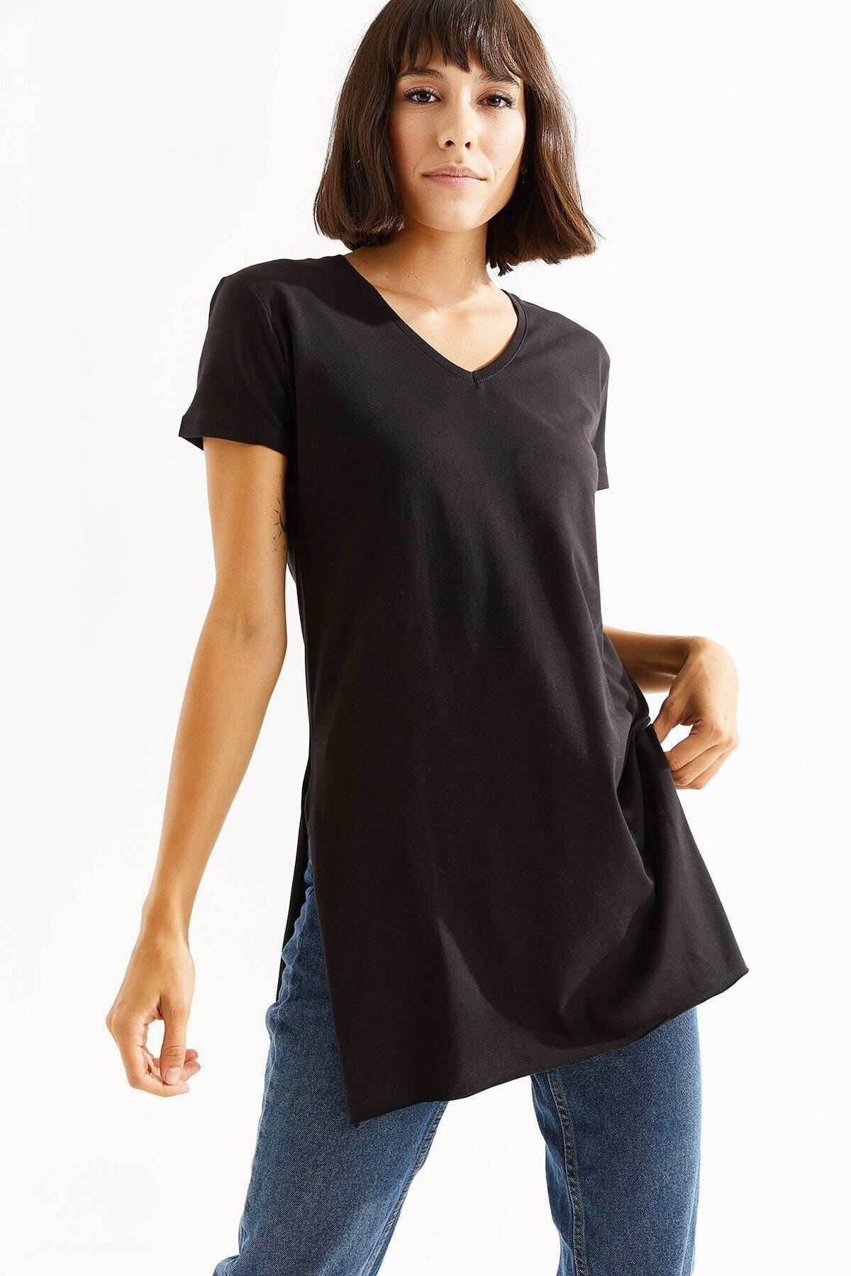 Thil Kadın V Yaka Penye Kumaş Yırtmaçlı Basic T-shirt 5003-thl